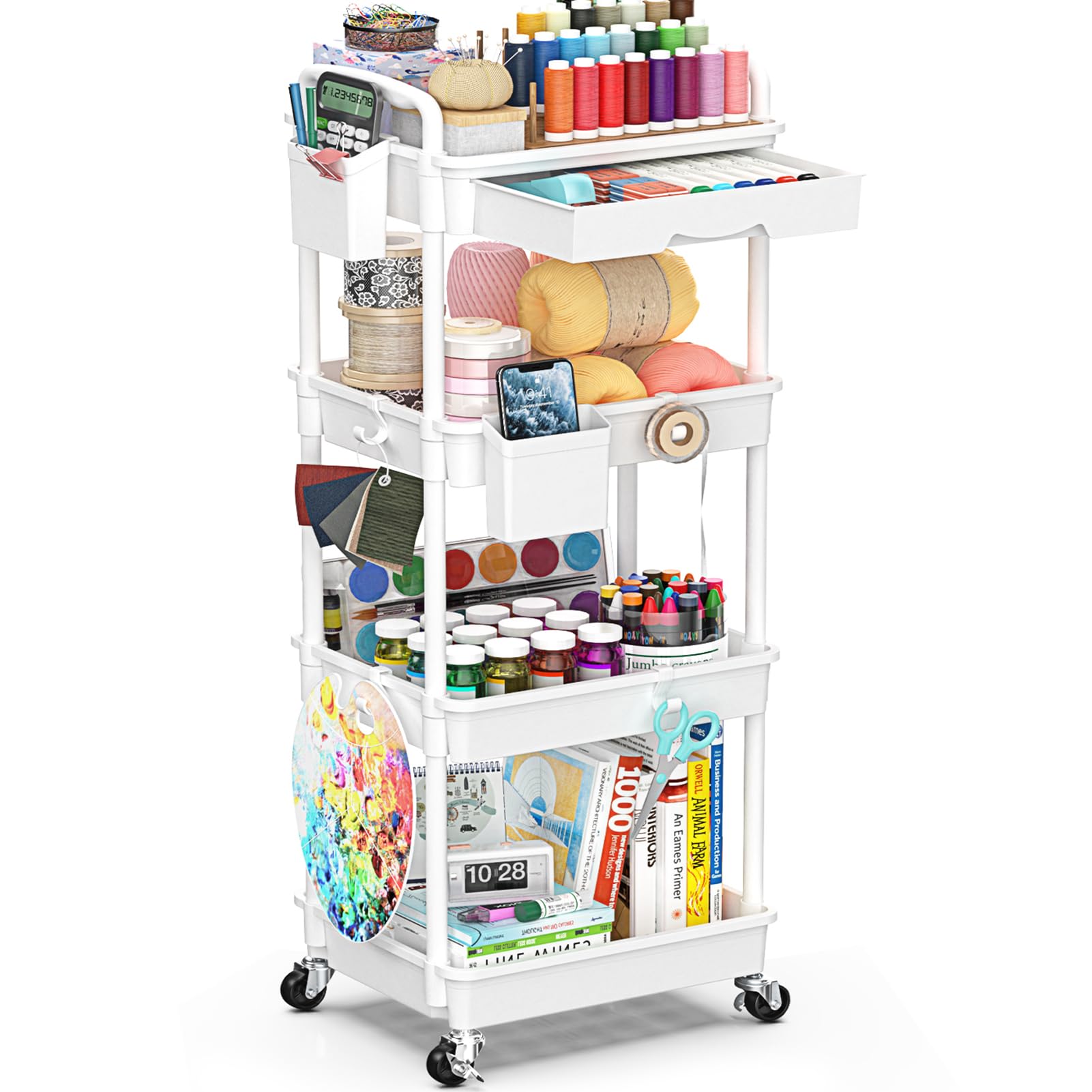4 Tier Rolling Utility Cart with Drawer, Storage Organizer Cart with 2 Lockable Wheels, Multifunctional Rolling Storage Cart for Bathroom, Kitchen, Craft, Makeup, Baby Essentials, White