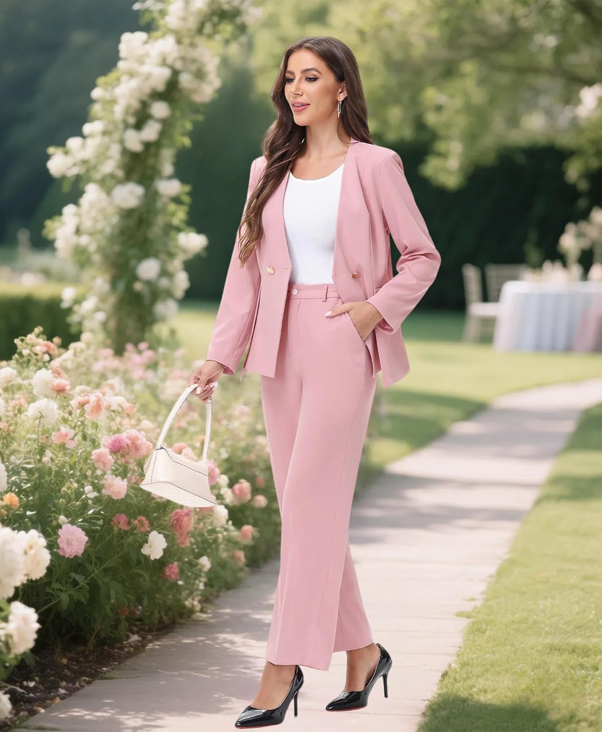 Lamgool Pants Suit for Women Dressy Casual 2 Piece Set V Neck Two Button Blazer Pants Set Business Casual Outfits - Image 4