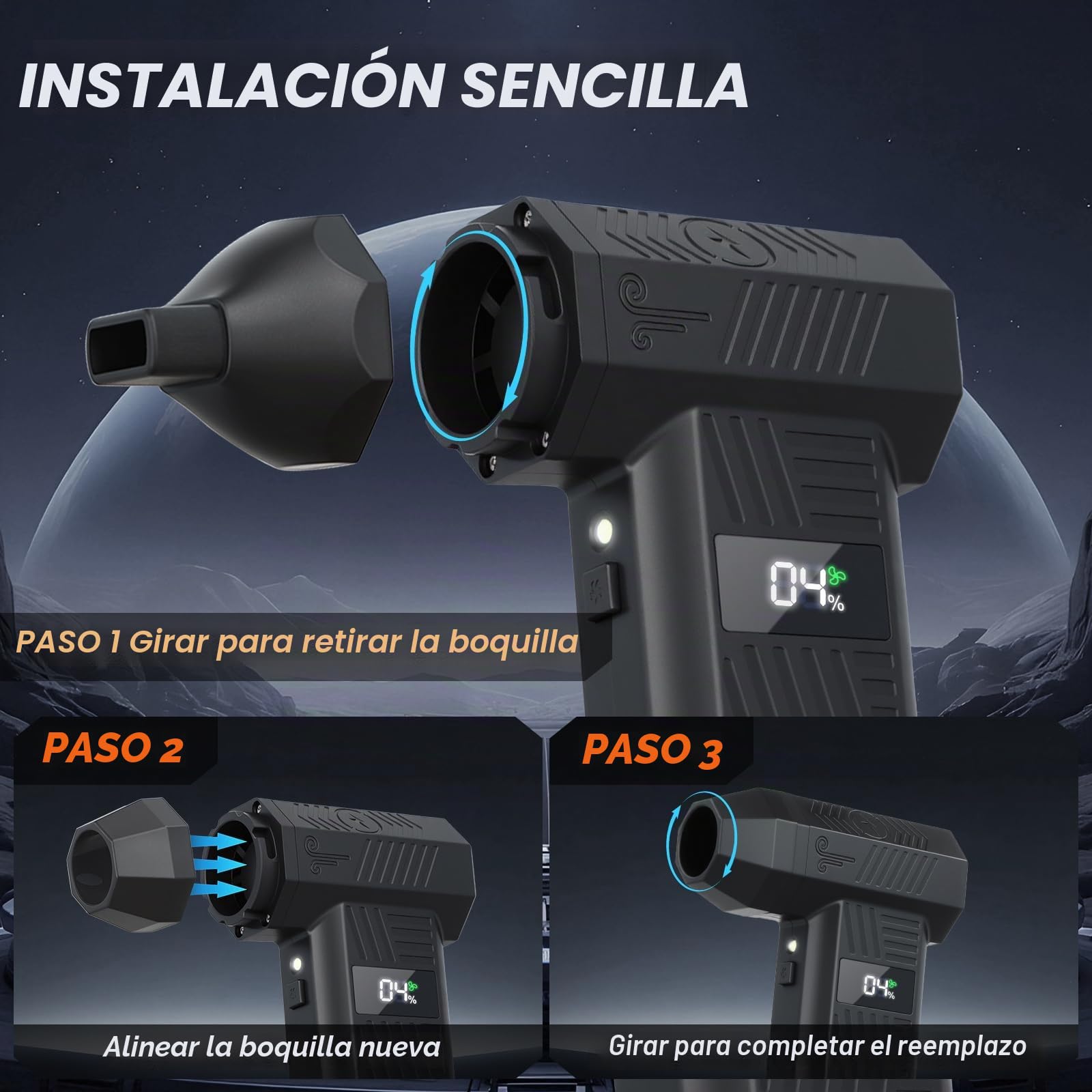 130.000 rpm soplador de aire – Pistola de aire comprimido con 4 boquillas, pantalla LCD, 240 minutos de autonomía, capacidad de la batería 4000 mAh para limpieza de PC/coche/hogar/aire acondicionado