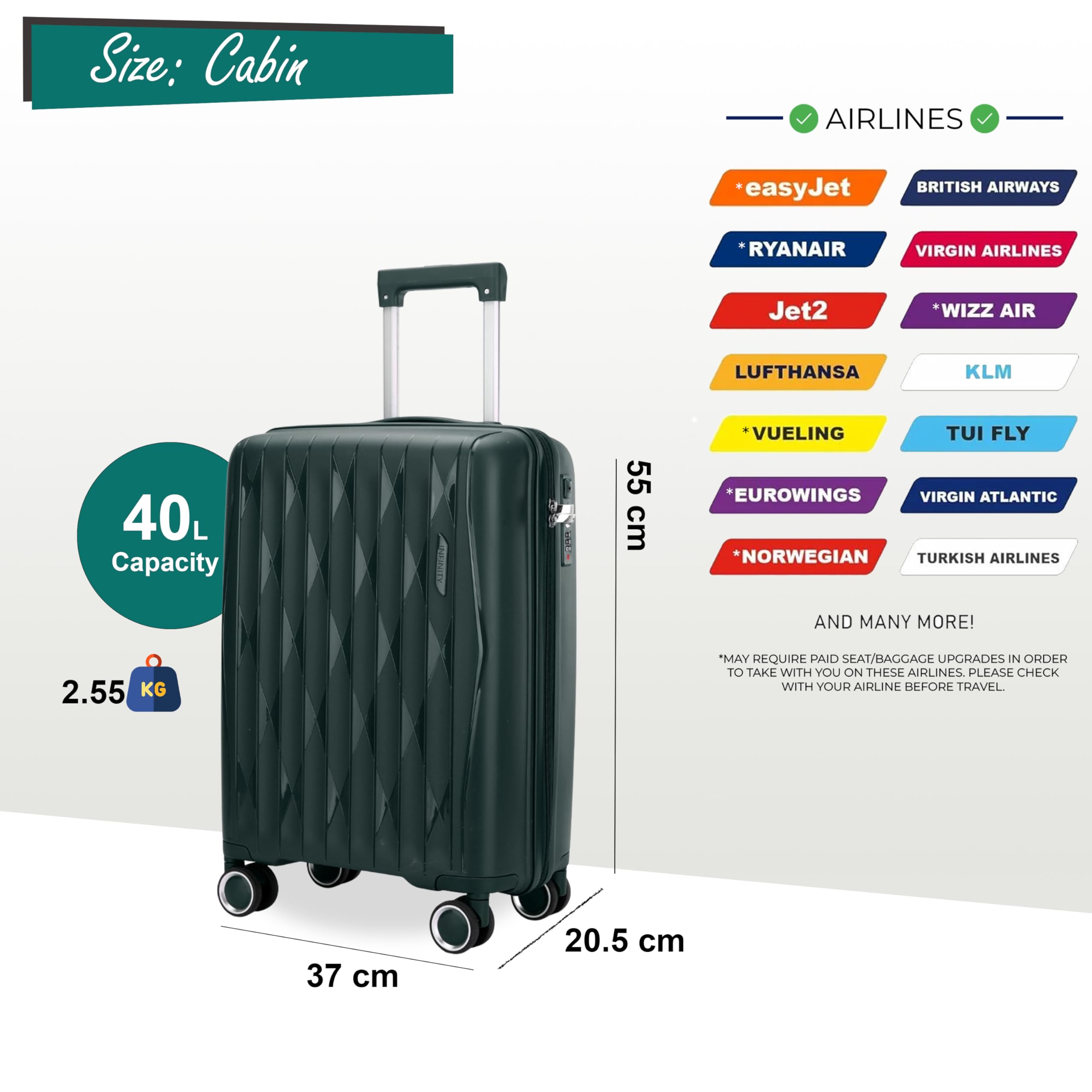 Infinity Zestawy bagażowe twarda skorupa lekki wózek z polipropylenu walizka podróżna kabina torby wakacyjne walizka, ZIELONY, S(55cm 40L), Bagaż podręczny