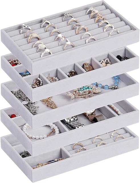 Jewellery Organiser, 5 Pack Stackable Velvet Jewelry Organizer For Drawer, Jewelry Storage Display Trays Showcase For Dresser Insert, Earring Bracelet Necklace Ring Organizer Holder, Gift For Women