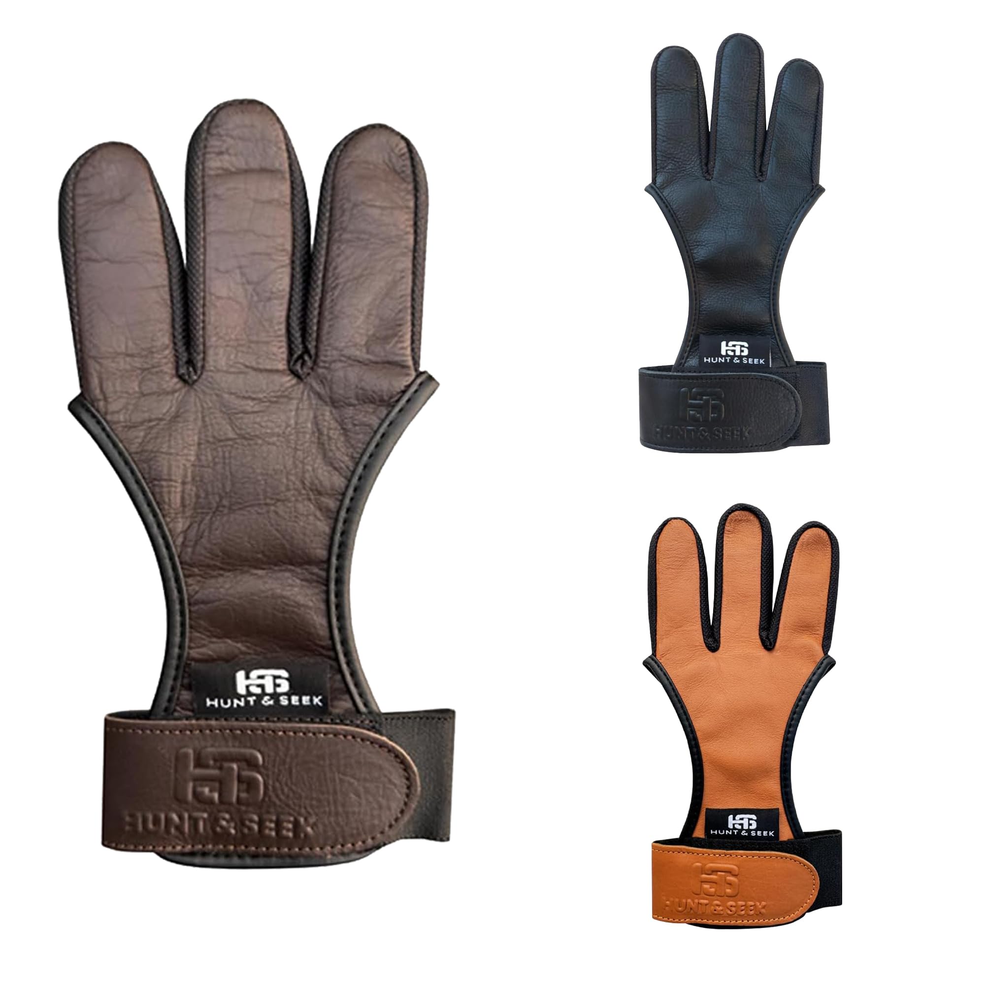 Hunt & Seek Thick Cowhide Three Finger Archery Glove for Recurve and Compound Bow - Finger Tab Accessories (Brown, Large)