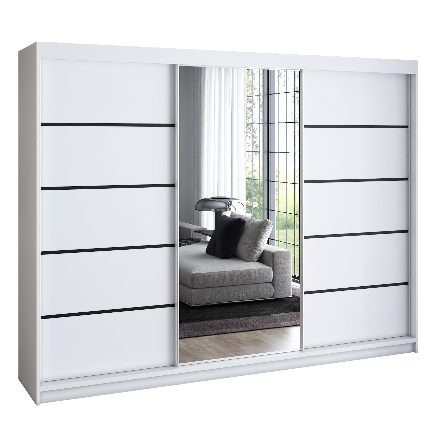 A&J MöbelLand Schwebetürenschrank VILUNO 2 Kleiderschrank 3-türig 200 cm mit Spiegel, 4 Schubladen & 2 Kleiderstangen, Geräumiger Schlafzimmerschrank (Weiß)