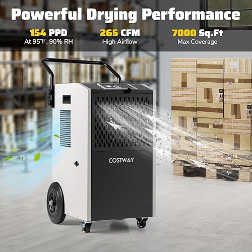 Miniatura 3 de COSTWAY Deshumidificador comercial de 154 pintas con bomba, deshumidificador grande industrial portátil de alta resistencia con mangueras de drenaje