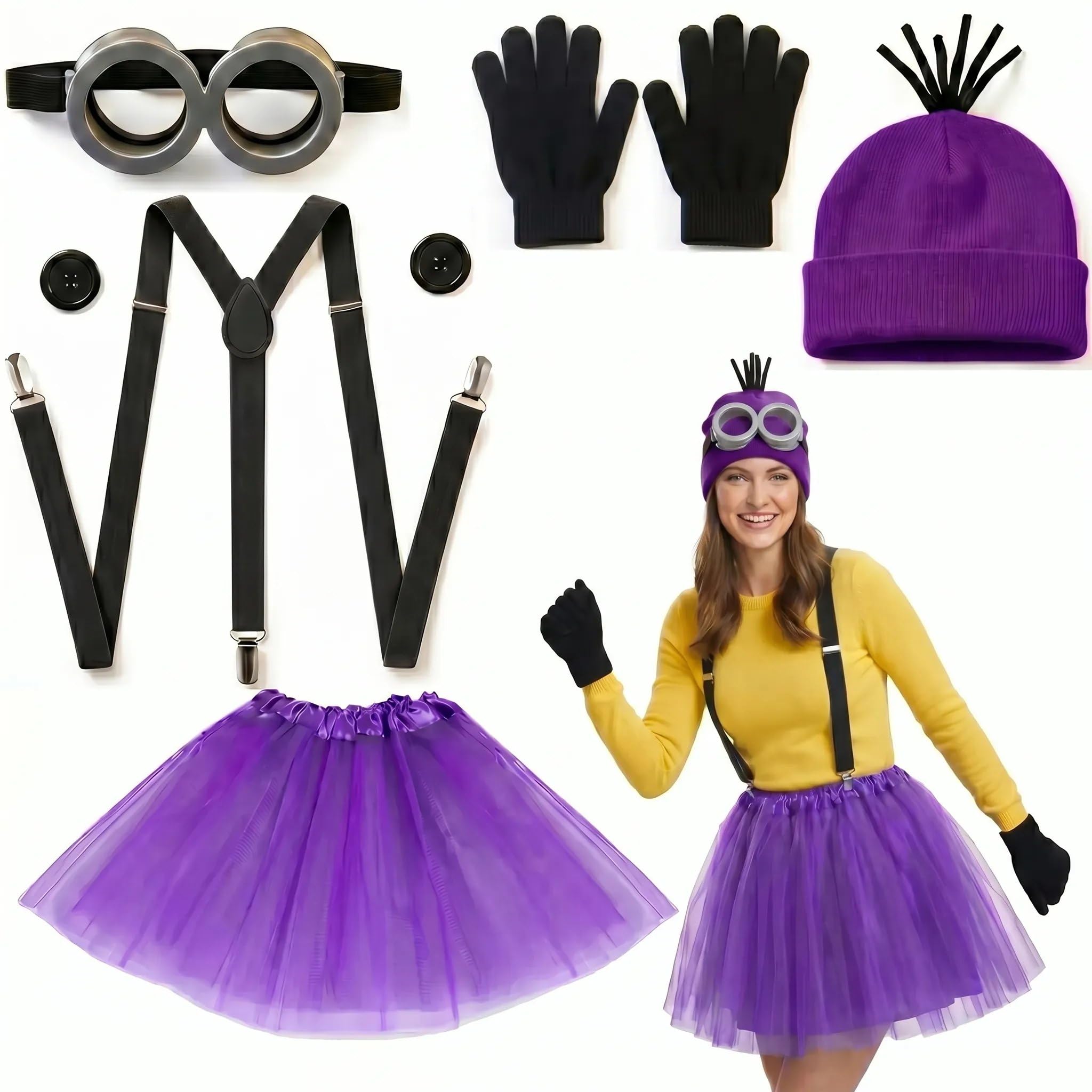 AieeJL 6PCS Halloween Cosplay Costume Set for Adult Women & Men-Complete Fancy Dress with Tutu Skirt, Goggles, Gloves, Hat, Buttons & Blue Straps for Carnival & Themed Party (Purple)
