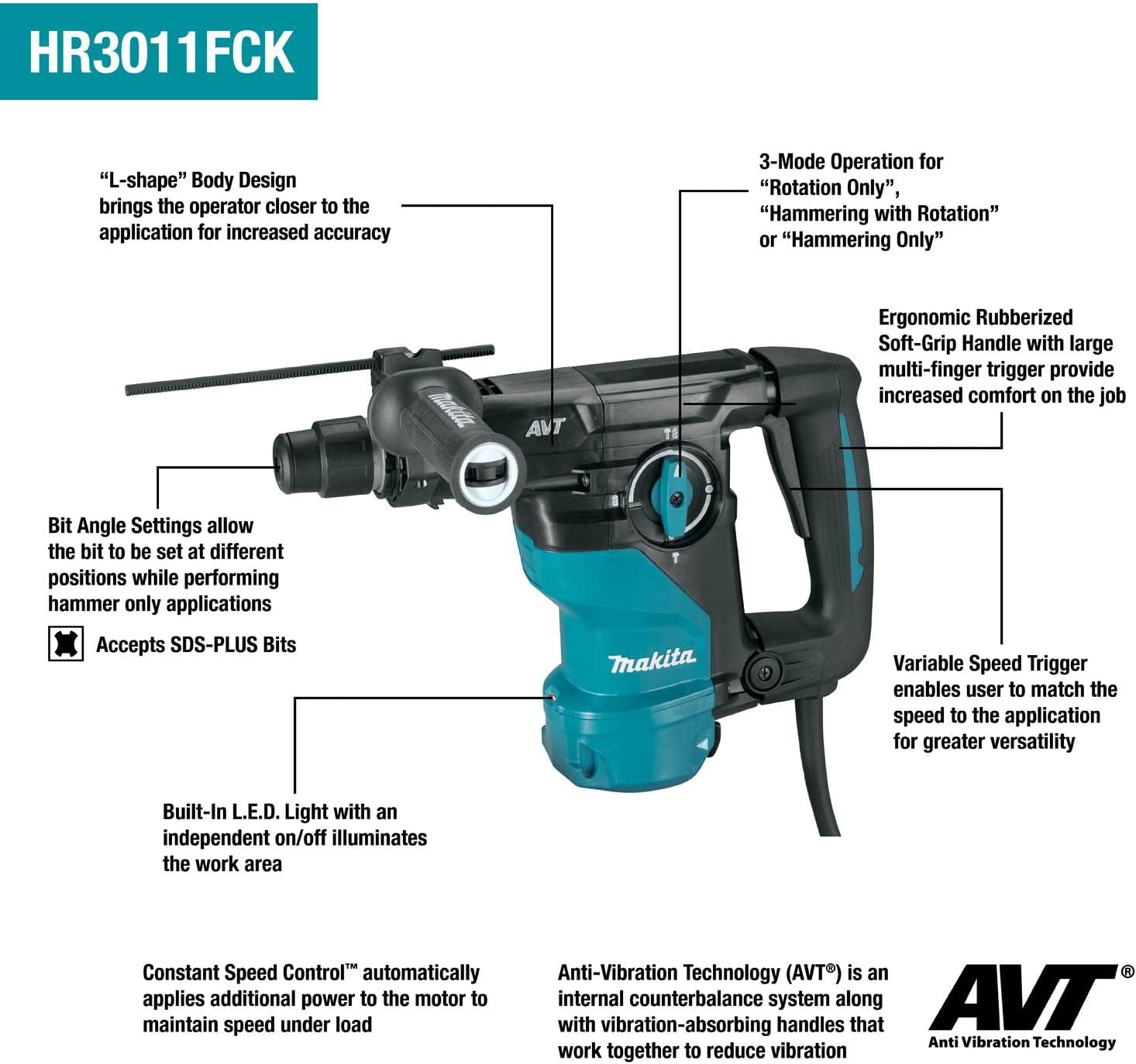 Makita HR3011FCK 1-3/16'' AVT® Rotary Hammer, accepts SDS-PLUS bits (L-Shape)