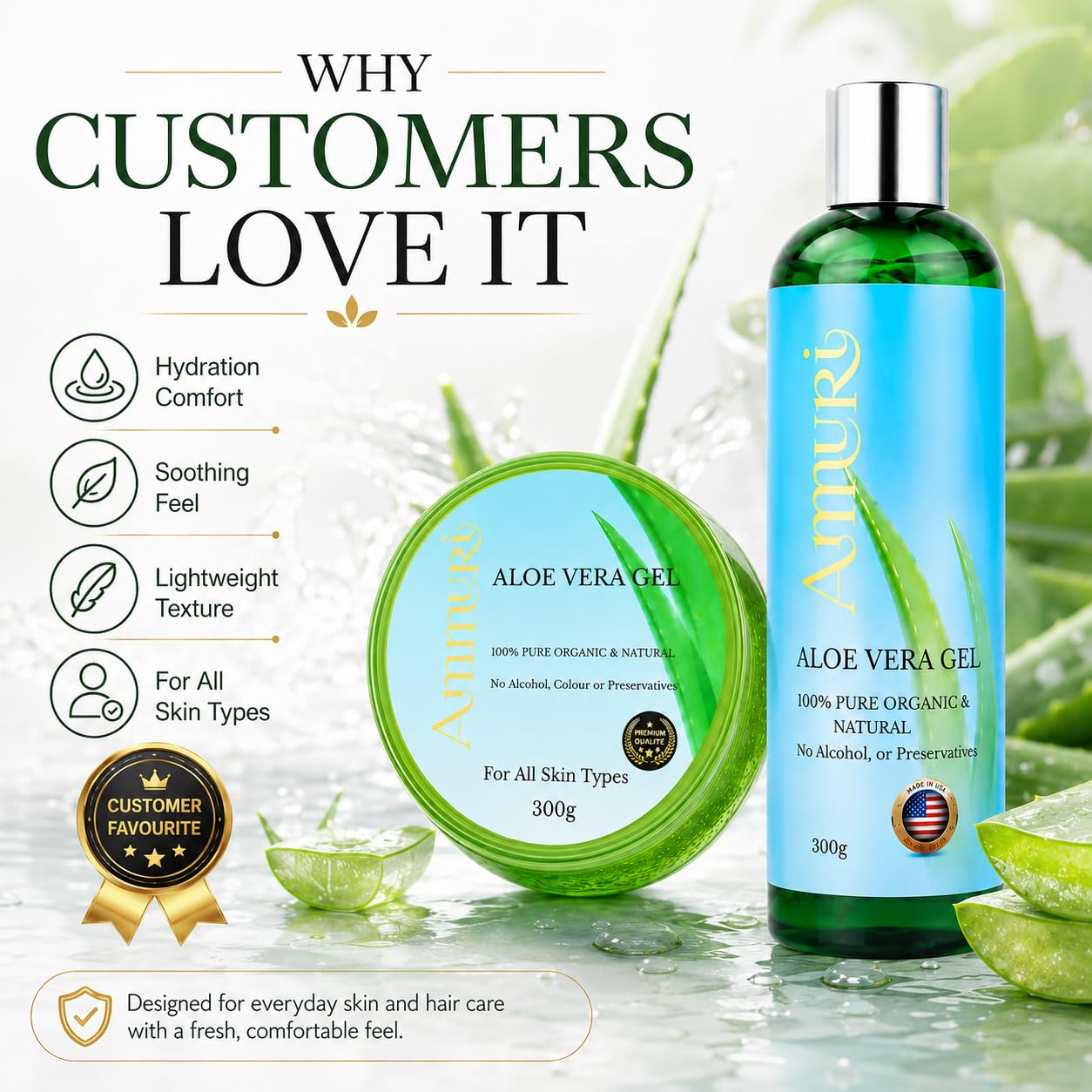 Ammuri Organiczny zestaw żelów aloesowych, 2 sztuki, butelka i słoik 300 ml, 100% czysty aloes, do pielęgnacji skóry i włosów, nieprzylepny i szybko wchłaniający się, wielofunkcyjne nawilżanie