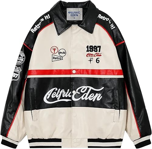 Aelfric Eden Chaqueta de carreras de piel sintética de gran tamaño para motocicleta, chaqueta de motociclista, ropa de calle, unisex