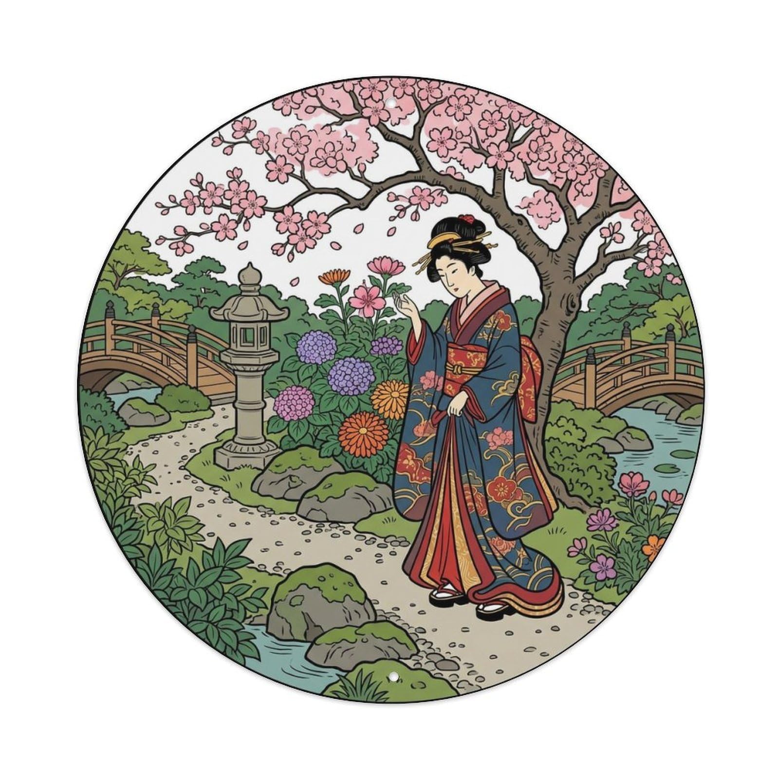Yrnq 8X8inch Vintage Style Japanese Geisha Garden Flowers Blooming Admiring Metal Tin Sign