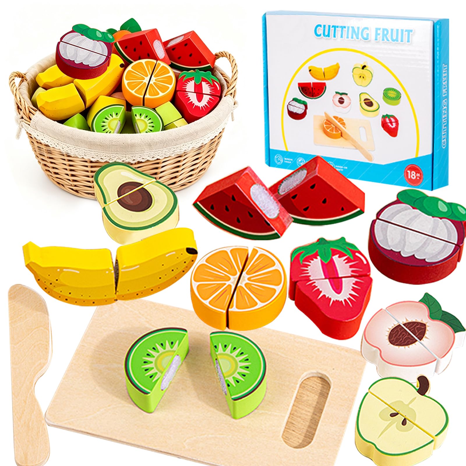 KUKUTrue® Montessori Toy 2 3 4 5 Years, Fruit Cutting Toys, Educational Toys for 2–3 Year Olds, Play Food, Wooden Food for Play Kitchen, Gift 2–5 Kids Boys Girls