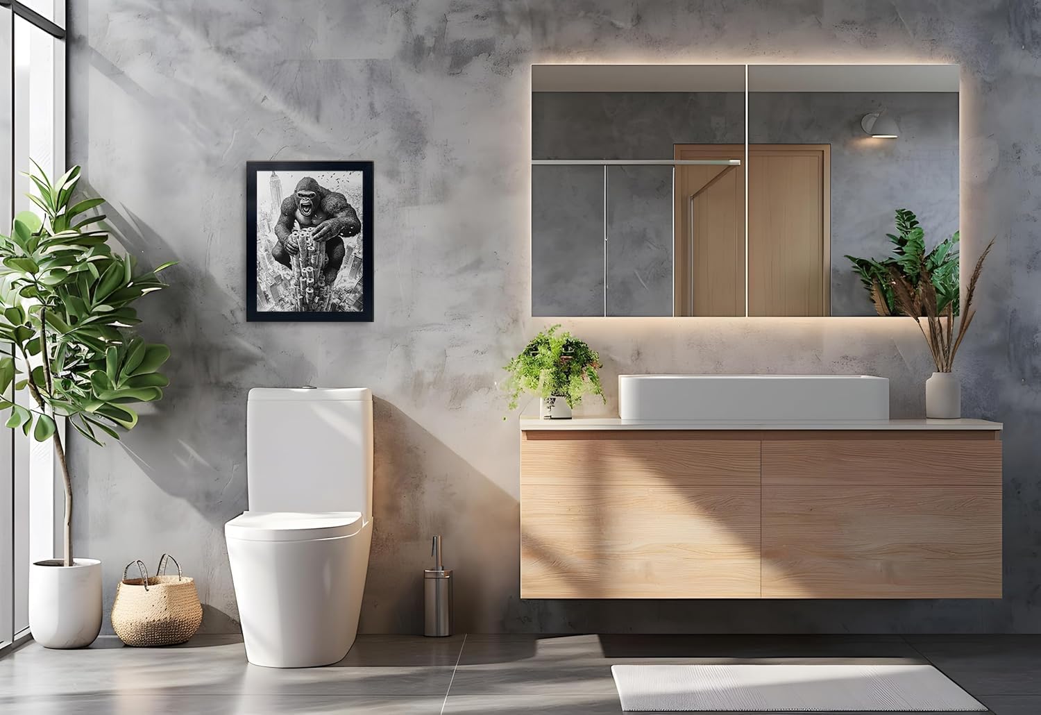 Bathroom Picture Wall Decor, Gorilla with Toilet Paper Tower, Black and White Funny Bathroom Wall Art, Framed Canvas Print Painting, 14"x11"