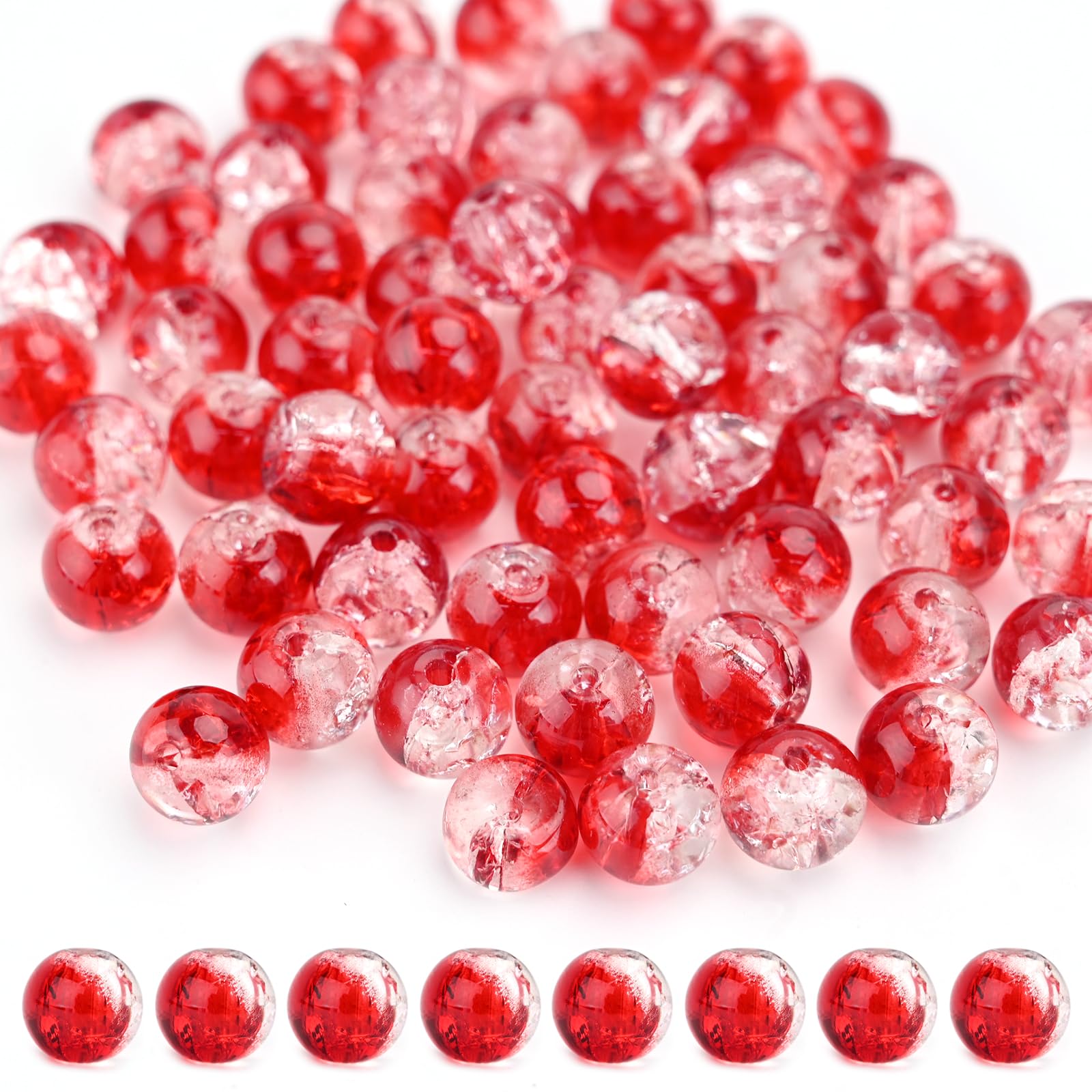 60 Pcs Crystal Beads Coloured Crafting Beads Round Loose Gemstone Beads DIY Smooth Stone Beads with Holes Jewelry Making Crackle Spacer Strand Beads for Bracelet Necklace Earrings Decorations (Red)