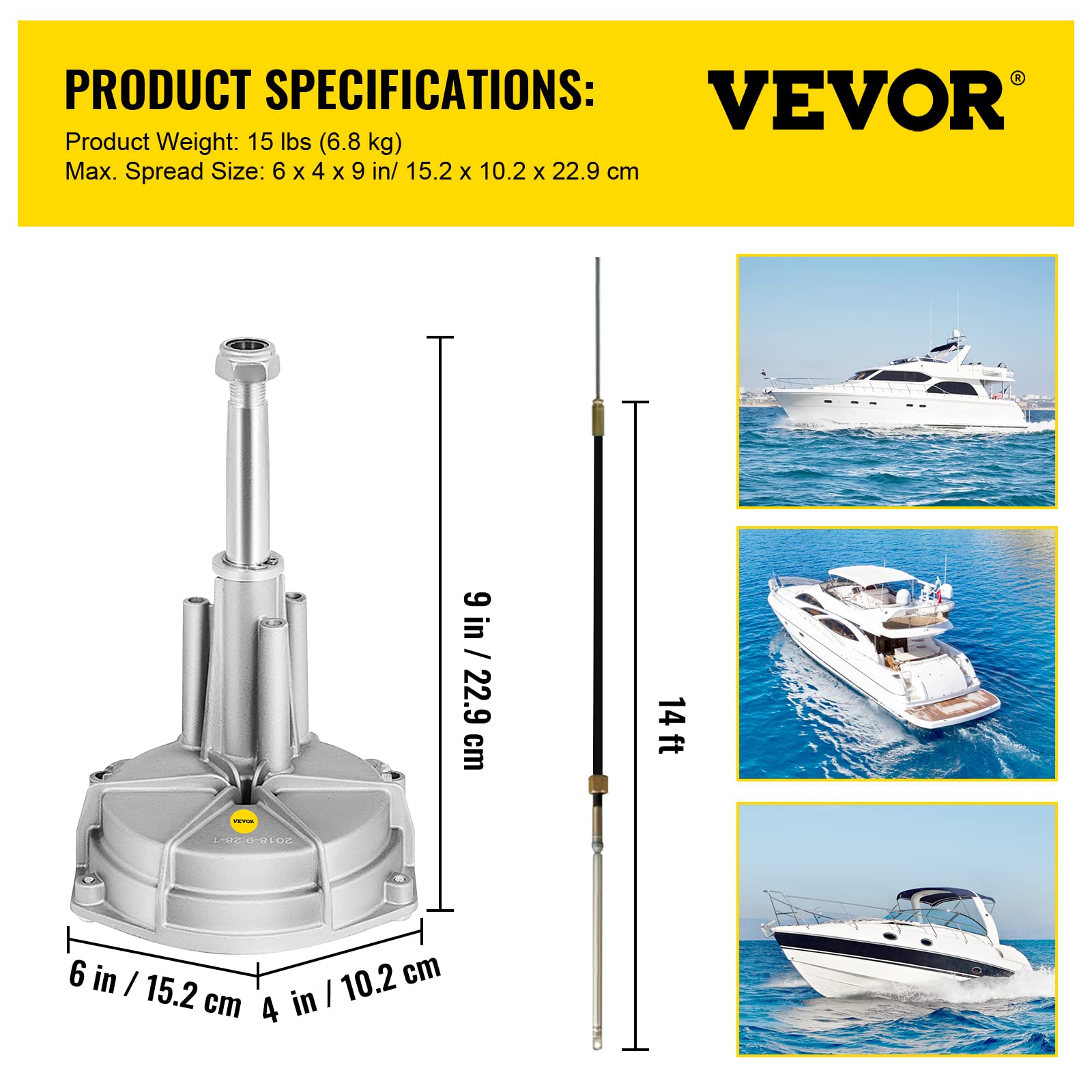 VEVOR Dirección de Barco fueraborda Timón para Barco Fueraborda Cable de Dirección 14 pies Sistema de Dirección Marina Eje 3/4" Accesorios para Barco Dirección de Tres Vueltas Servicio a Largo Plazo