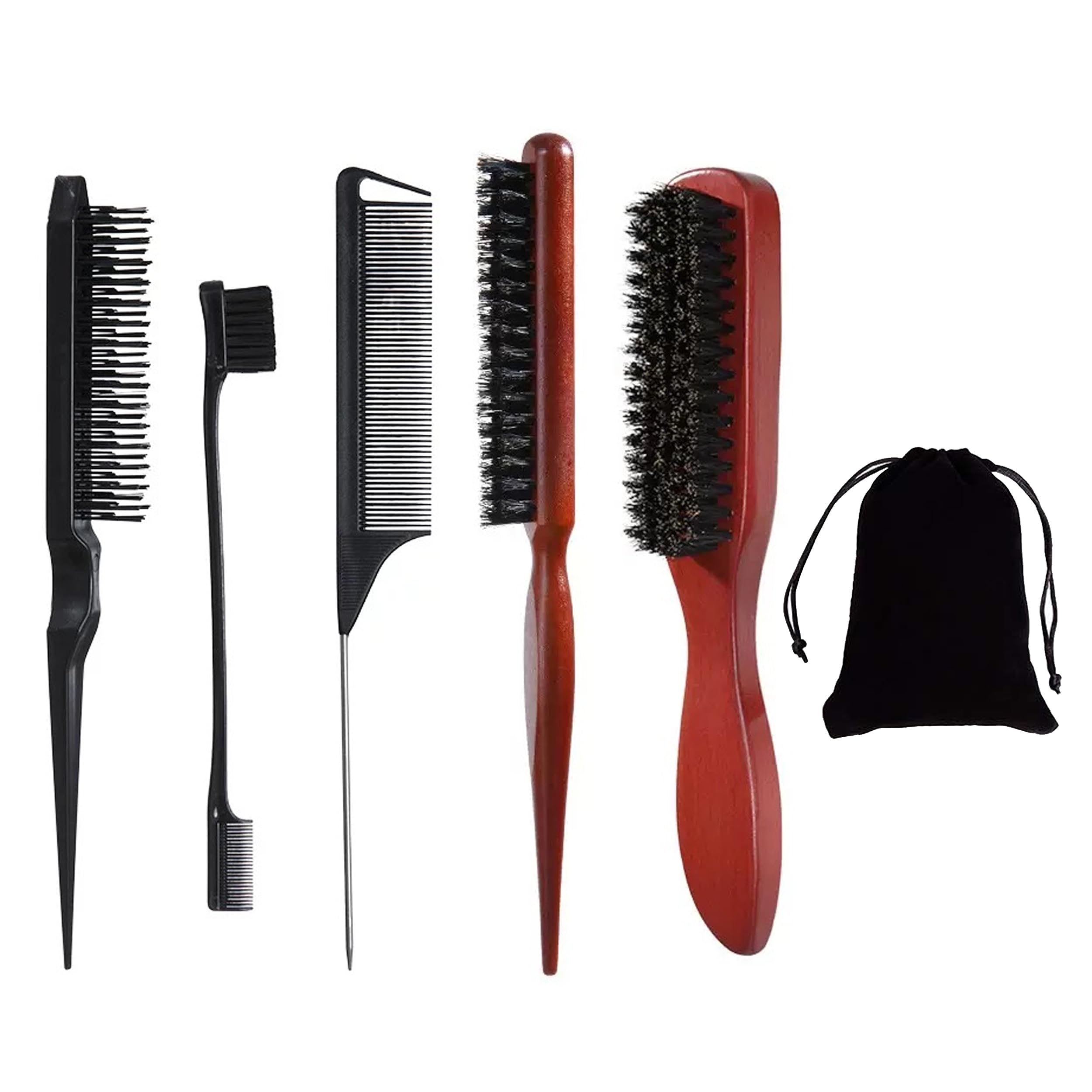 5 PCS Boar Bristle Hair Brush Set for Slick Back Styling - Teasing Brush for Thin or Thick Hair, black