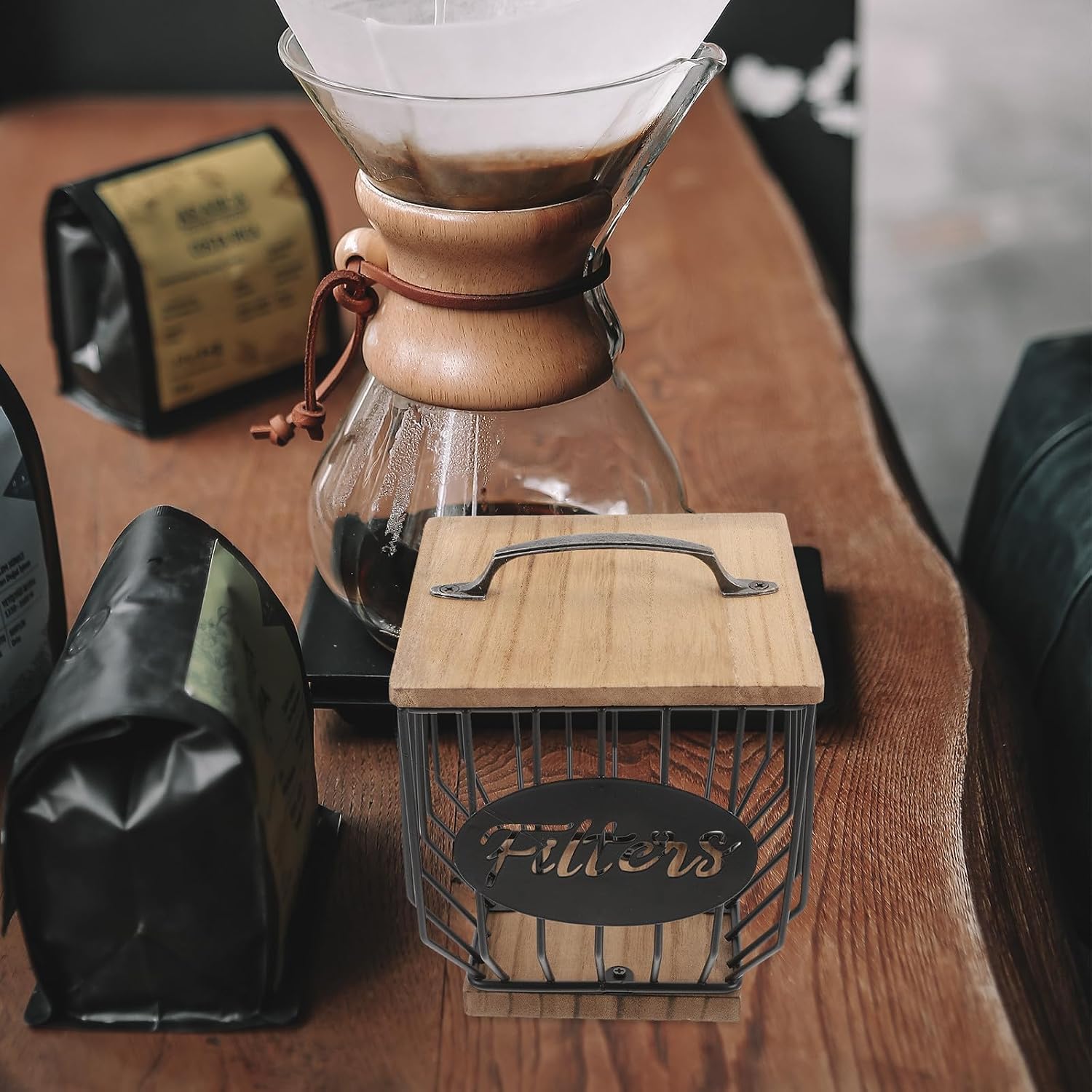 BESPORTBLE Coffee Pod Holder for Countertop with Wood Lid and Iron Frame Sturdy Coffee Filter Storage Container for Kitchen and Living Room Long Term Use