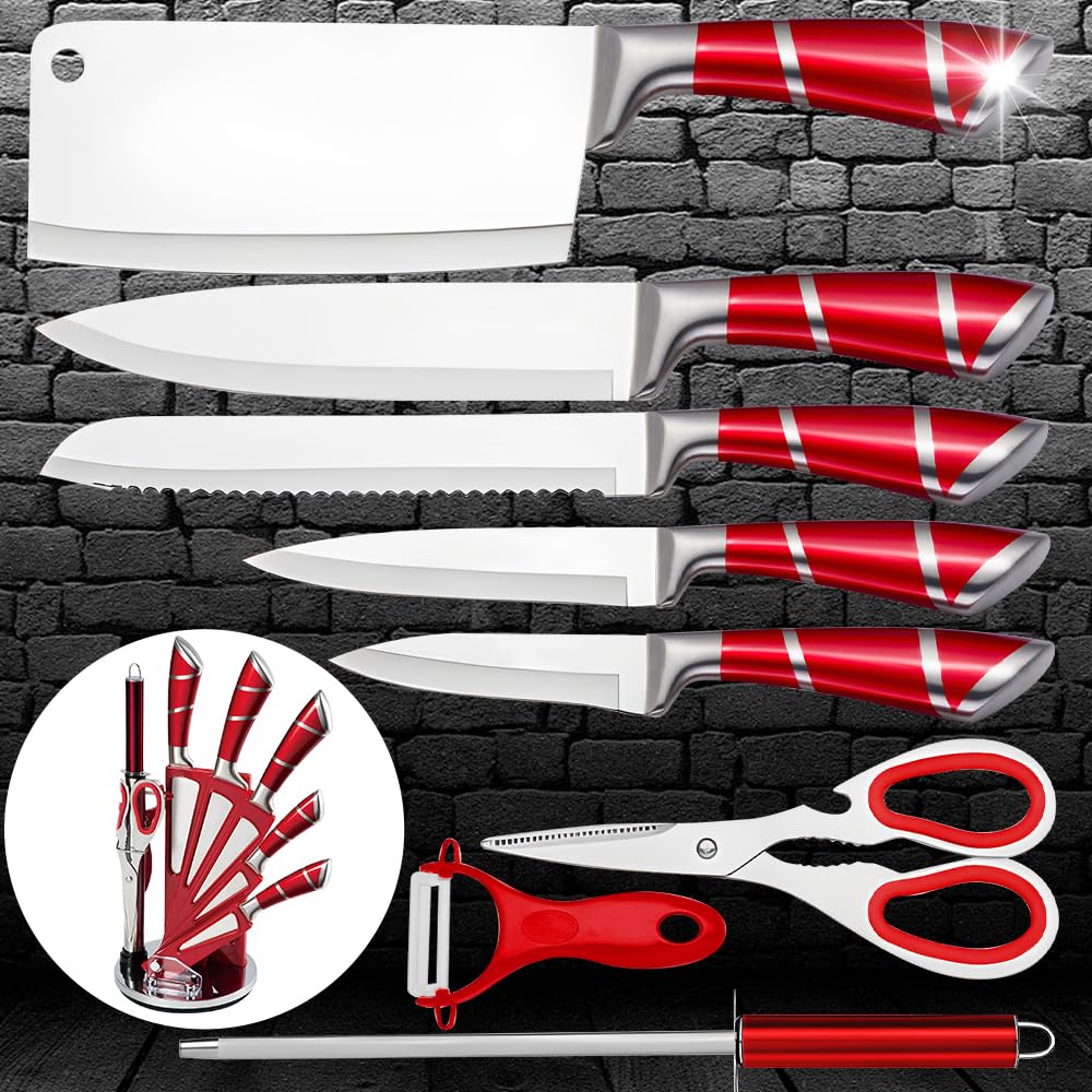 KEPEAK Set de Couteaux de Cuisine 9 Pièces avec Bloc Acrylique Rotatif – Couteaux de Chef Tranchants en Acier Inoxydable avec Fusil à Aiguiser – Pour Couper, Hacher, Émincer – Rouge