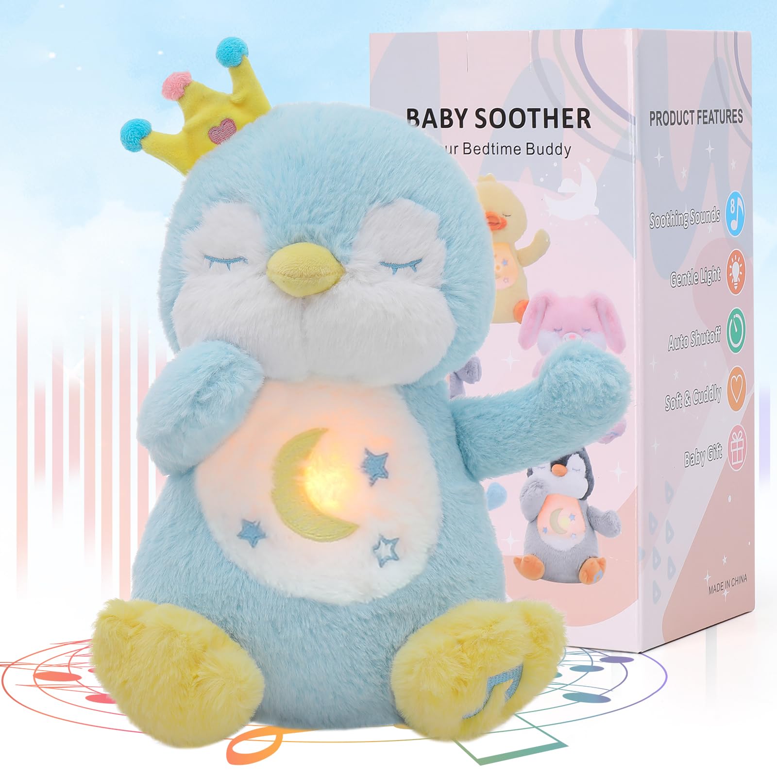 seOSTO Peluche Que Respira para Ansiedad, Stitch Que Respira para Bebe Dormir, con Música y Movimientos Respiratorios, Regalo Ideal para Bebés Recién Nacidos y Niños (Pingüino Azul)