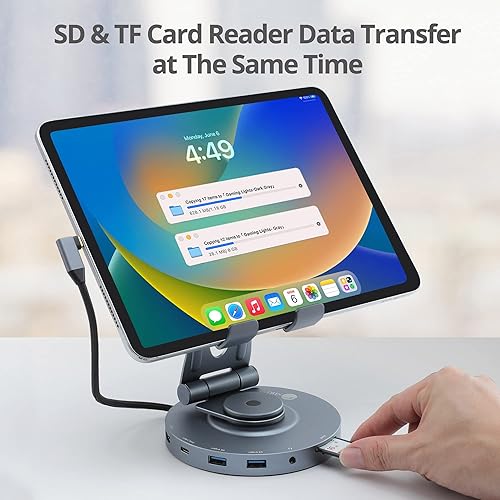 Miniatura 5 de SIIG Soporte USB-C para tablet - Estación de acoplamiento para iPad/Surface Pro 9/base giratoria/soporte plegable/4K60Hz HDMI, USB-A y USB-C 5Gbps,