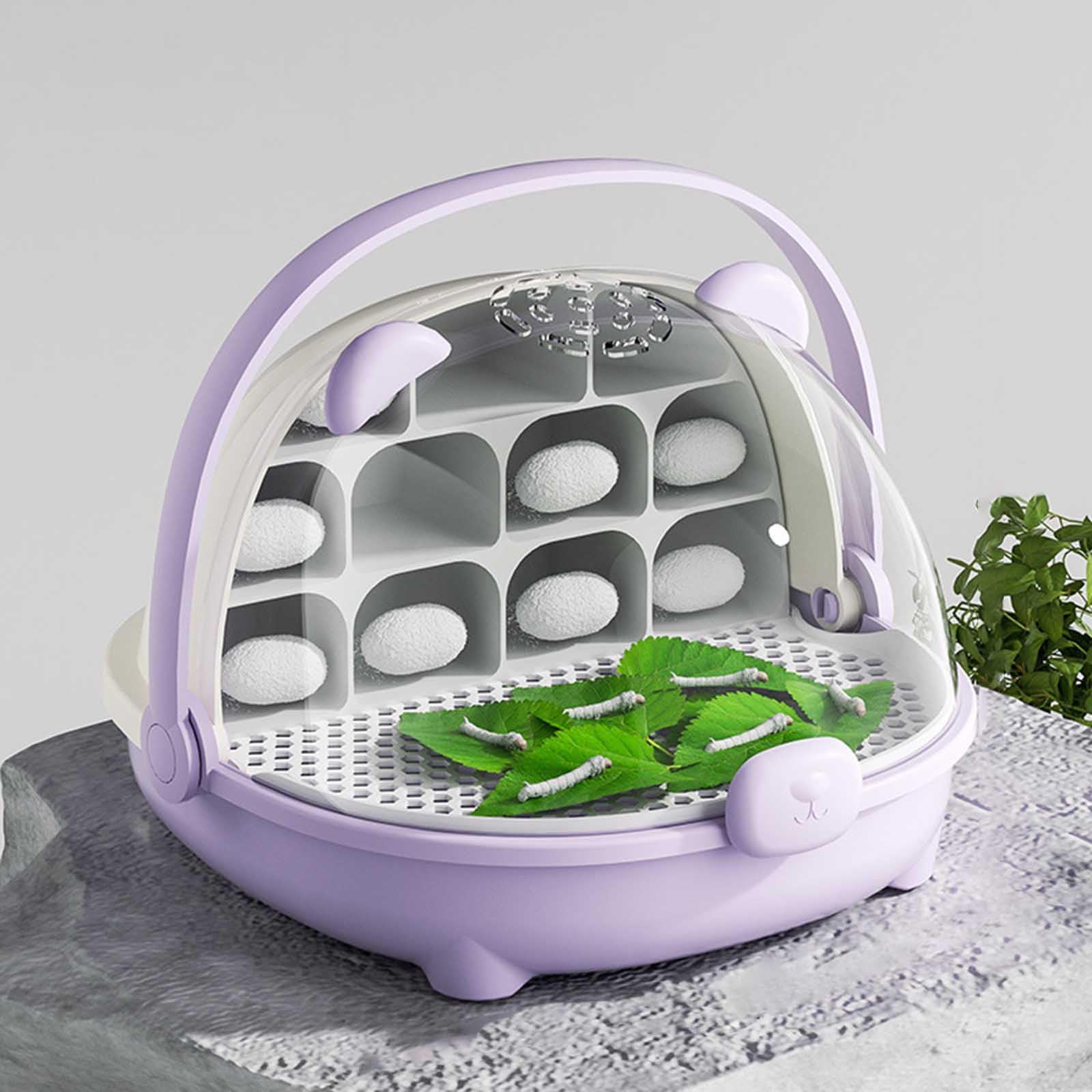 Caja de crecimiento de gusanos de seda, cápsula espacial para la cría de gusanos de seda, jaula de hábitat animal, tanque de reptiles, caja de alimentación transparente portátil con asa (morado)