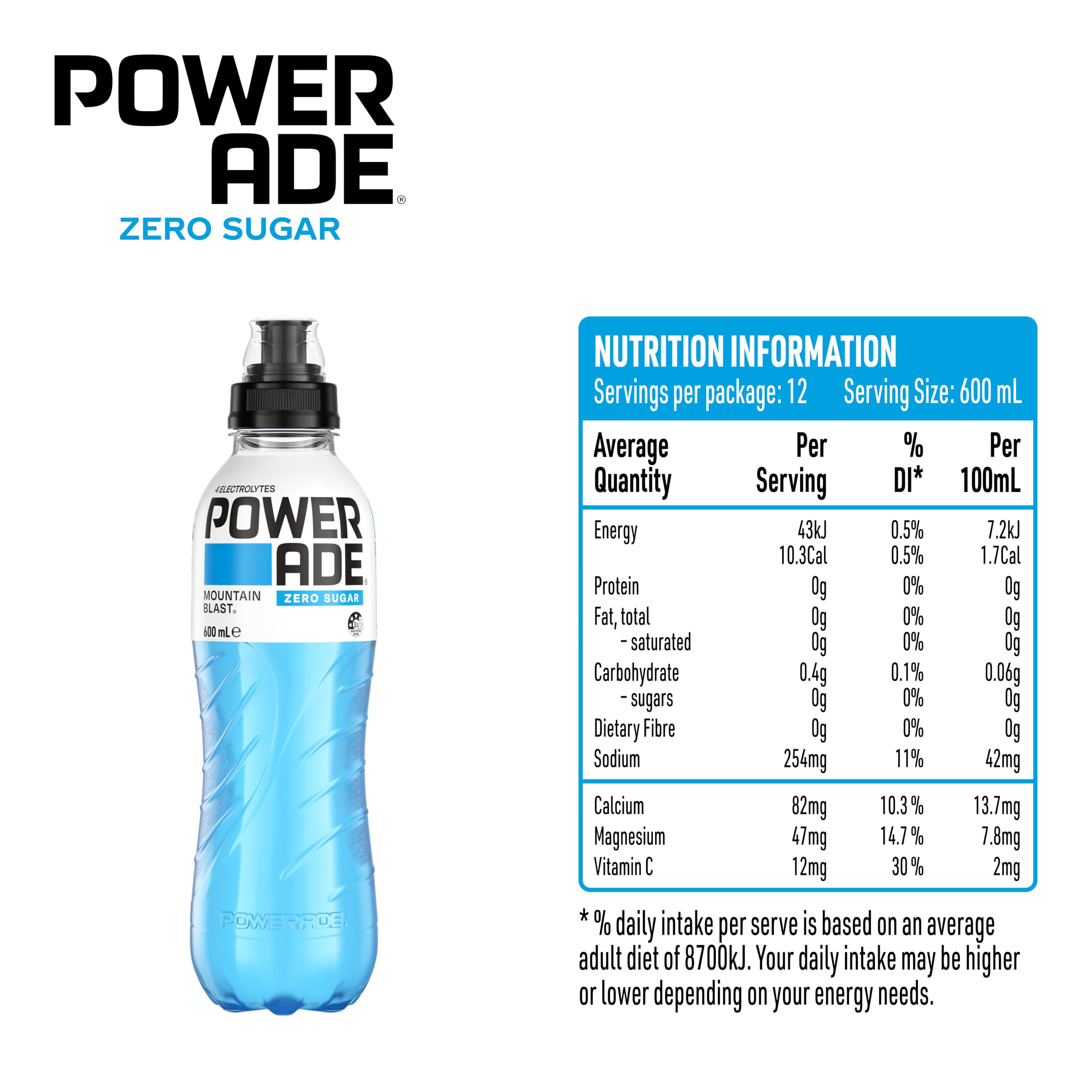 Powerade ION4 Mountain Blast Zero Sugar Lot de 12 bouteilles de boissons sportives 600 ml