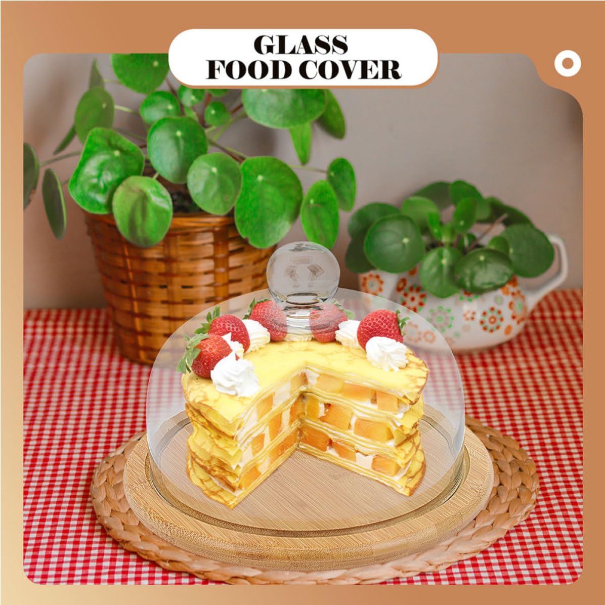 Cúpula de Cristal para Pastel con Bandeja de Bambú | Cubierta Transparente, Forma Abombada, Uso Diario y Celebraciones, Fácil de Limpiar, Reutilizable