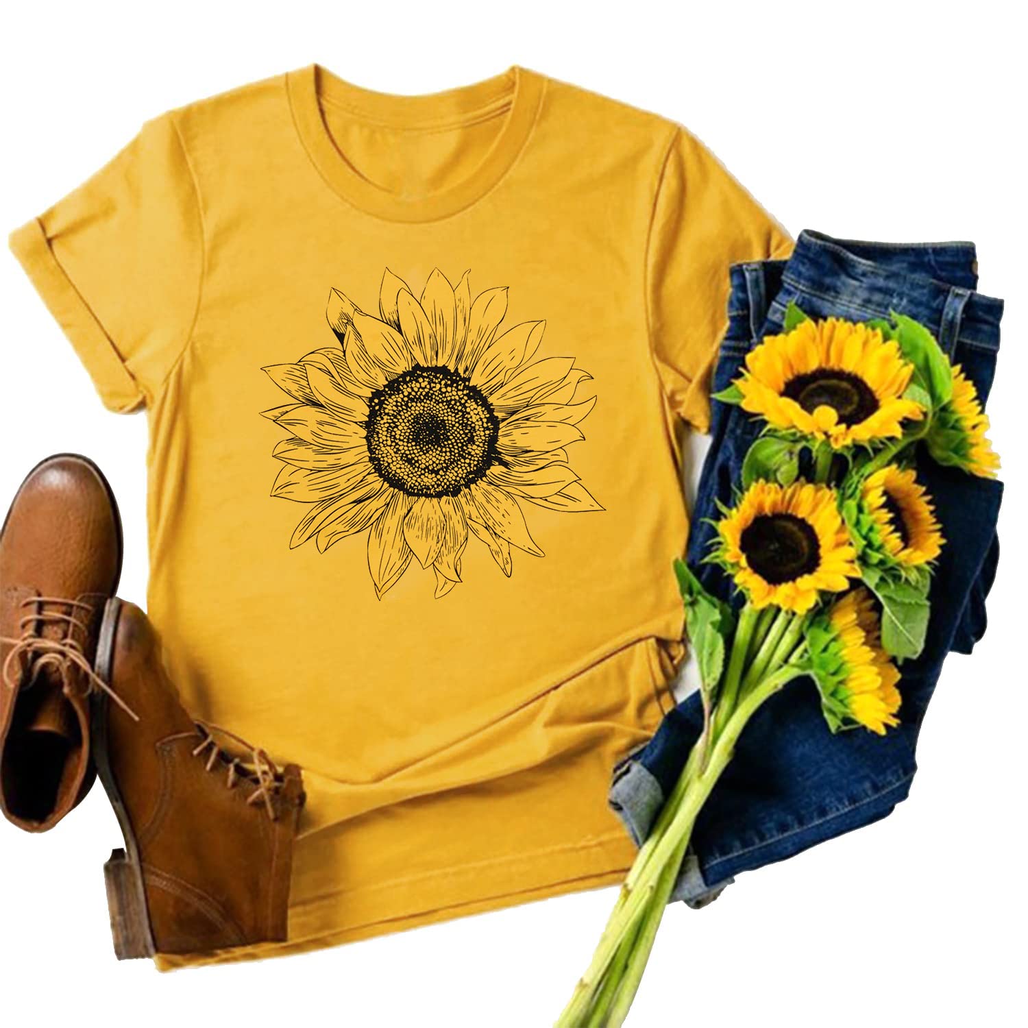 Sunflower Graphic Tee T Shirt for Women Short Sleeve Summer Graphic Casual Shirts Tee Top