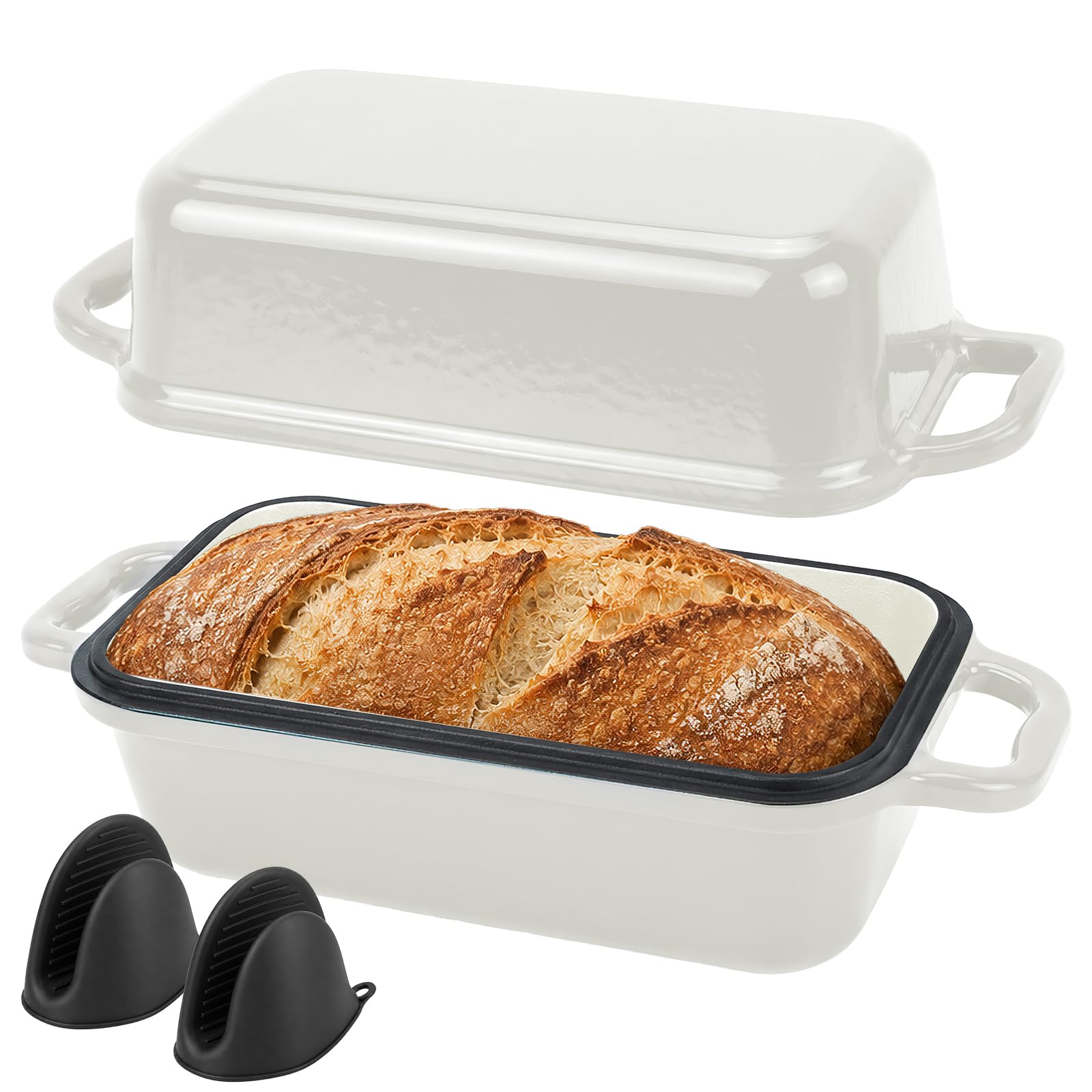 Cast Iron Bread Pan with Lid, 2-in-1 Enamelled Sourdough Dutch Oven, White