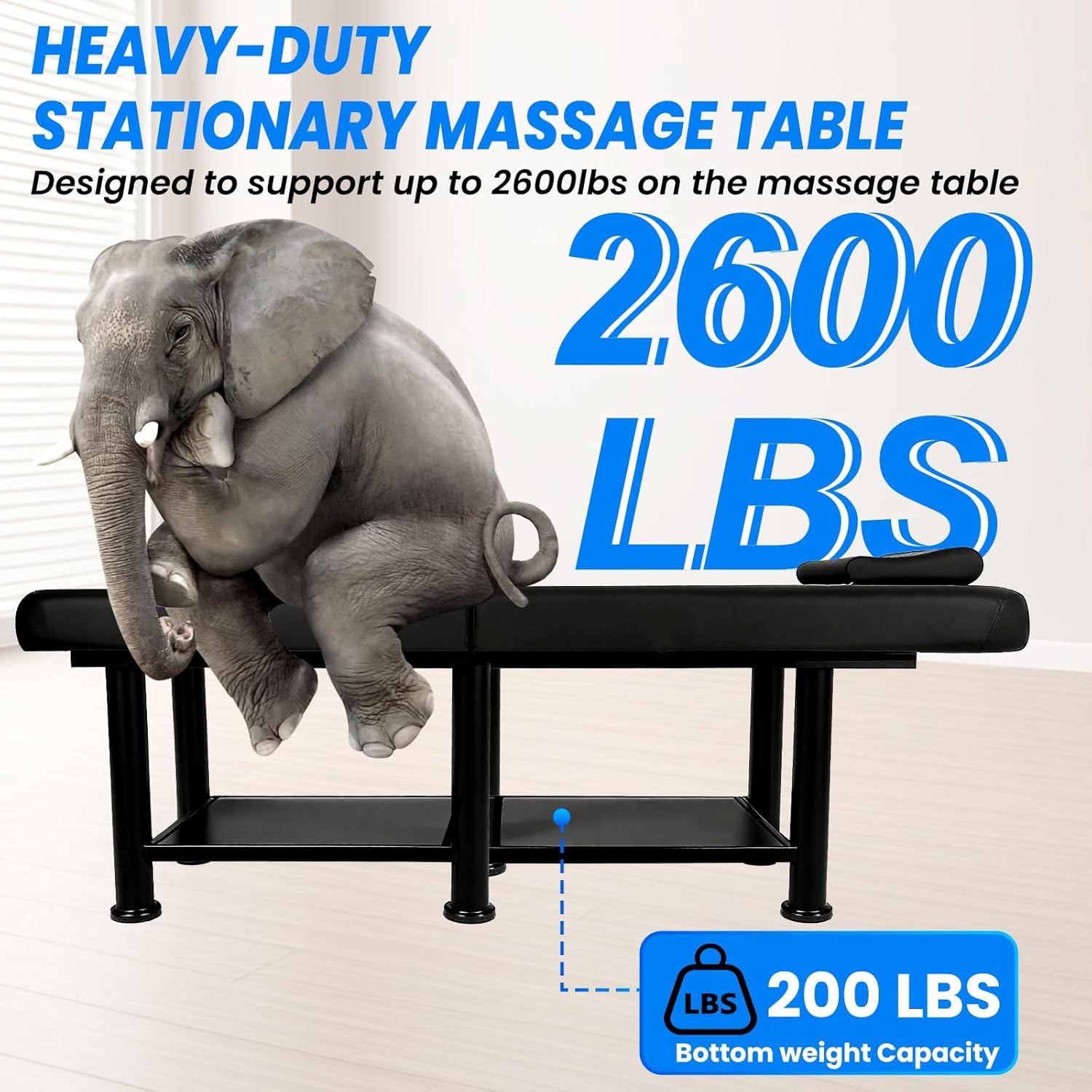 Heavy Duty 2600LBS Stationary Massage Table, 75"×36" Massage Table with Adjustable Backrest, Physical Therapy Table with 2 Storage Shelf, Waterproof PU Leather for Salon Facial Spa Bed