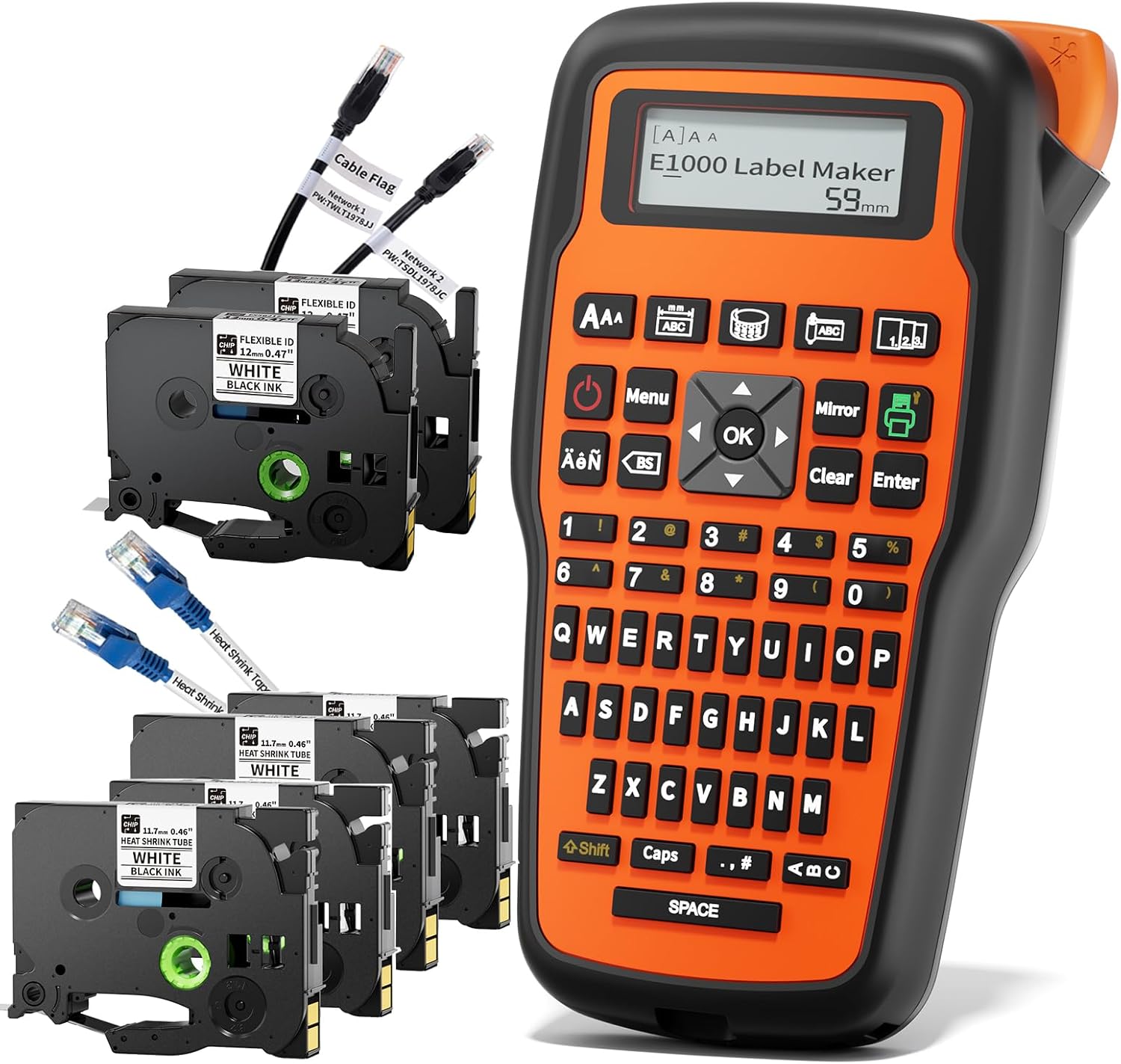 E1000 Heat Shrink Label Maker, 4PK 12mm 0.47 Heat Shrink Tube Tapes & 2PK Flexible Wire Label Tapes, Wire Label Maker Waterproof-Labels, Handheld Labeler for Industrial Electrical Use