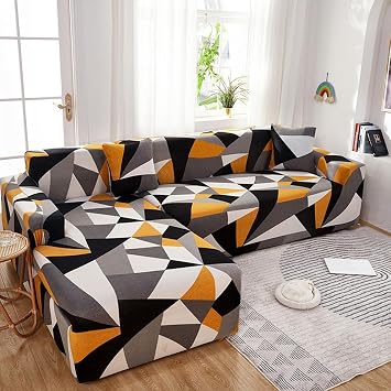 Hixingo Stretch Sofa Covers Spandex Couch Cover Geometric Modern Sofa Slipcovers, Armchair Cover Non-Slip Couch Covers Loveseat Covers Sofa Cover S-XL Medium 57"-73",Orange Gray