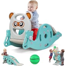 4-in-1 Kids Rocking Horse & Slide with Basketball Hoop, Portable Toddler Playset for Ages 1-6, Convertible Indoor Outdoor Rocker & Slide Toy for Boys Girls Green