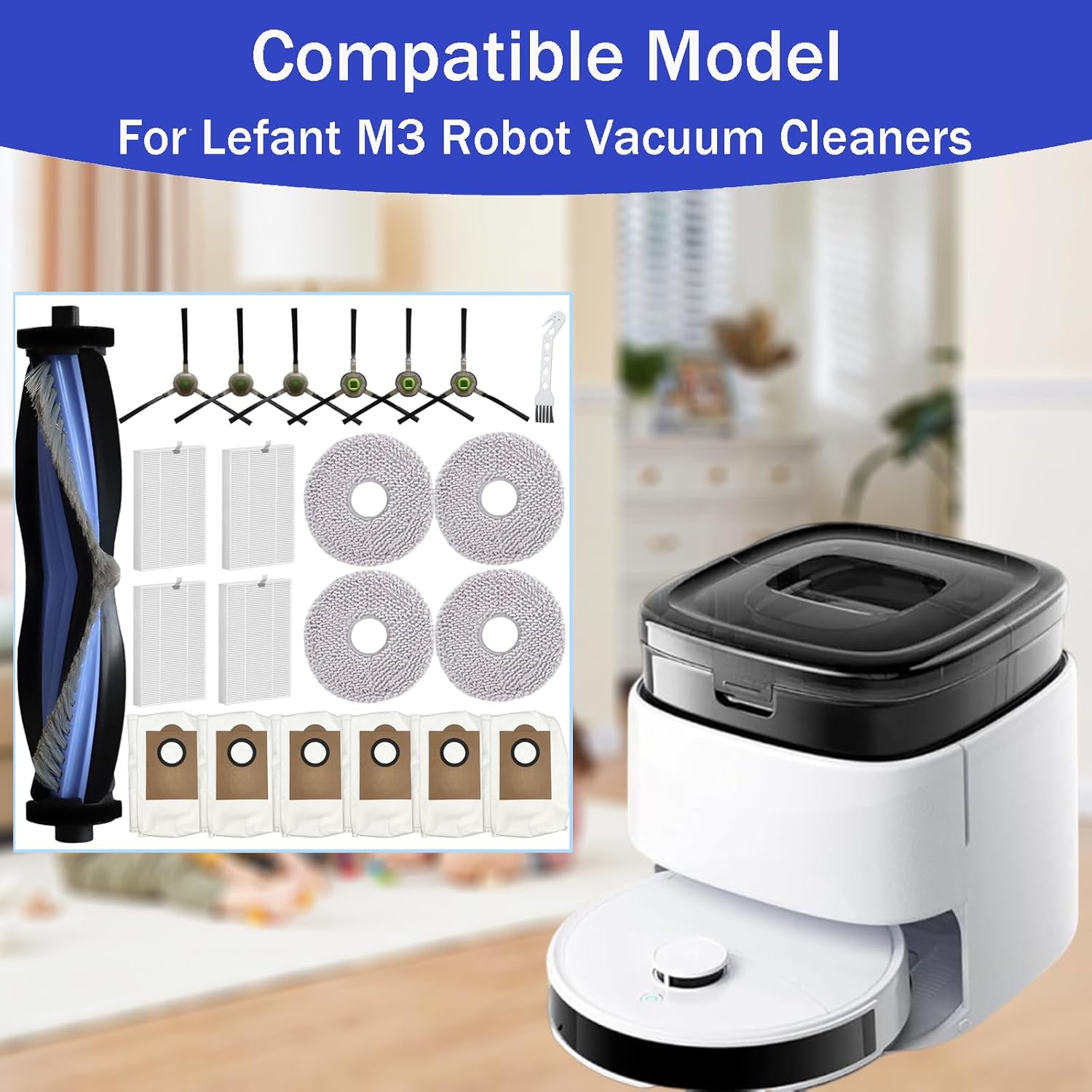 22 PCS Replacement Parts for Lefant M3/ M3 Max Robot Vacuum Cleaner, 1 Main Brush, 4 Hepa Filters, 6 Dust Bags, 6 Side Brushes, 4 Mop Pads, 1 Cleaning Tool