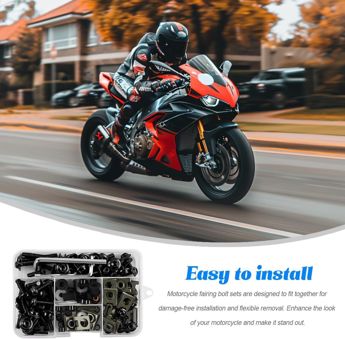177PCS Motorcycle Fairing Bolt Kit, M5 M6 Motorbike Windscreen Screws Fairing Bolts, Vehicle Windshield Fixing Fasteners Nut Clips Accessories, Universal for Most Sportbike (Black)
