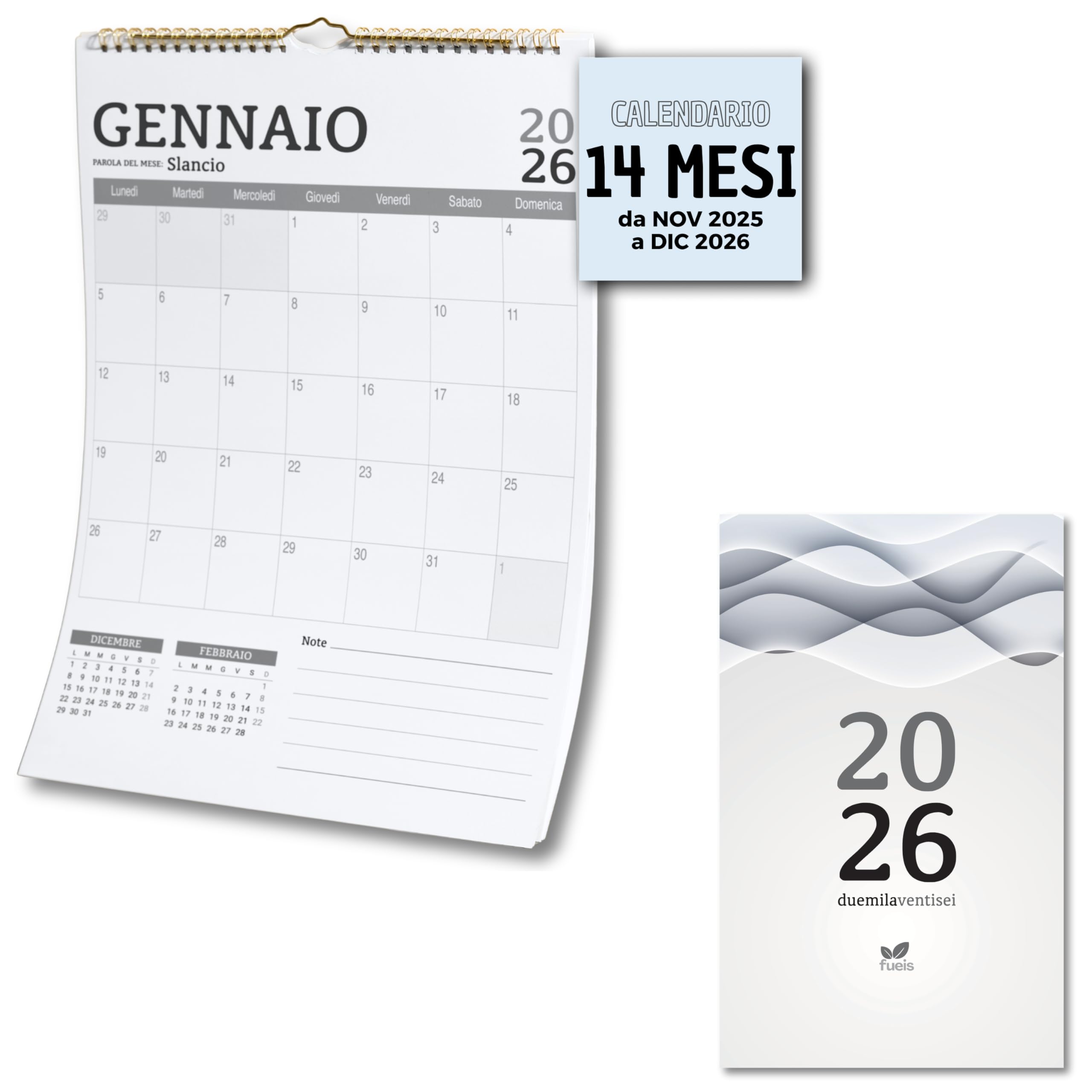 Calendario 2026 da Muro Italiano con 14 Mesi, Novembre 2025 - Dicembre 2026, Calendario da Parete 2026 con Spazi per Scrivere e Design Minimal