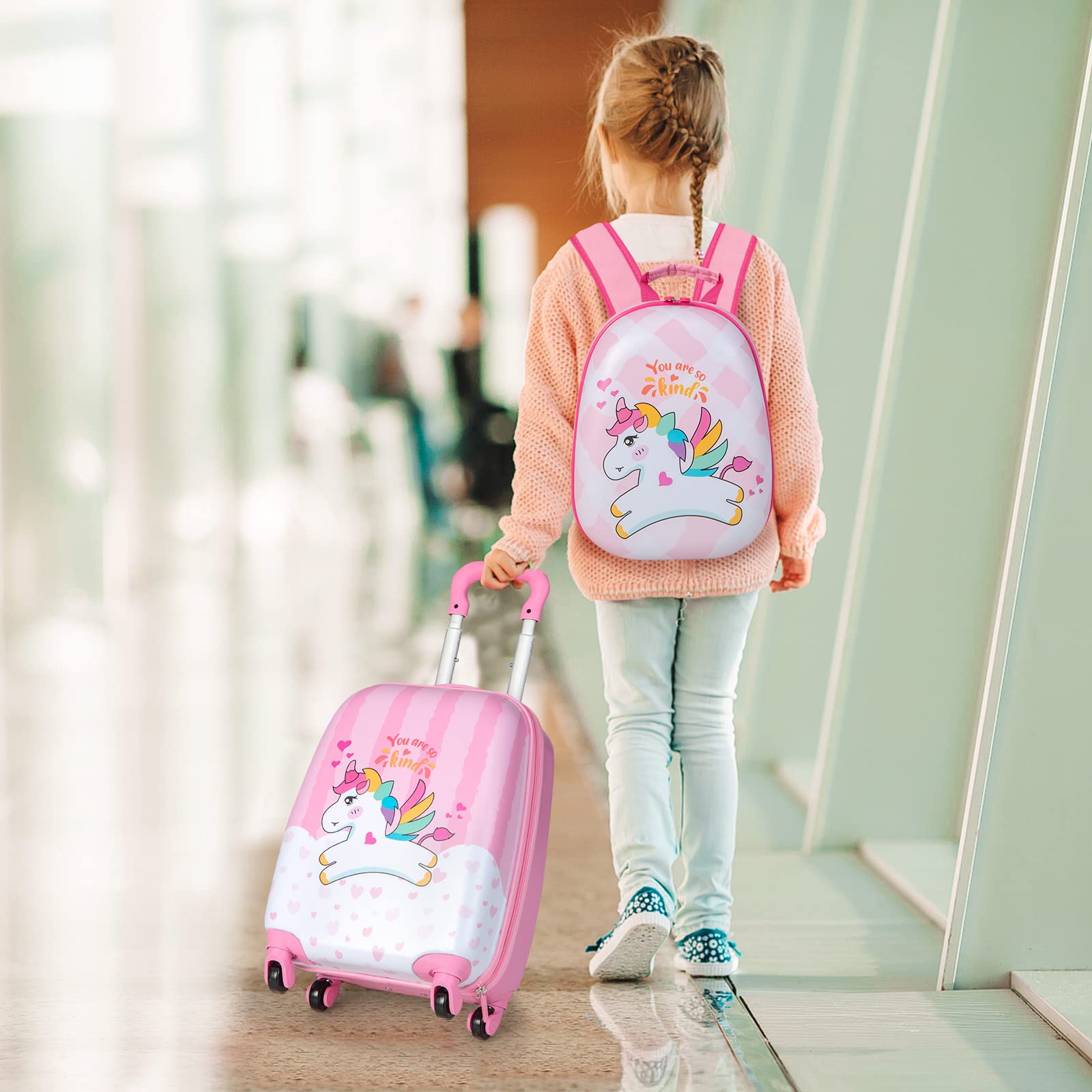 DREAMADE Valise Enfant 16" et Sac à Dos 12", Bagage à Main Rosé pour Enfants Filles, Cabine Enfant avec Motif Licorne, Valise Enfant Roulette avec 4 Roues Pivotante à 360°en Dessin(Licorne)