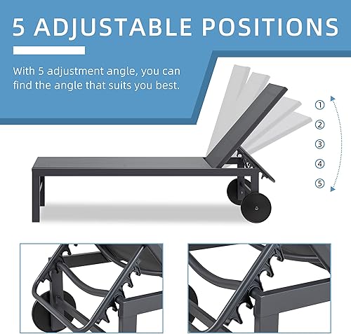 Miniatura 5 de Shintenchi 2 unidades de tumbonas de exterior con ruedas, sillas reclinables de aluminio para patio con 5 posiciones ajustables, juego de muebles