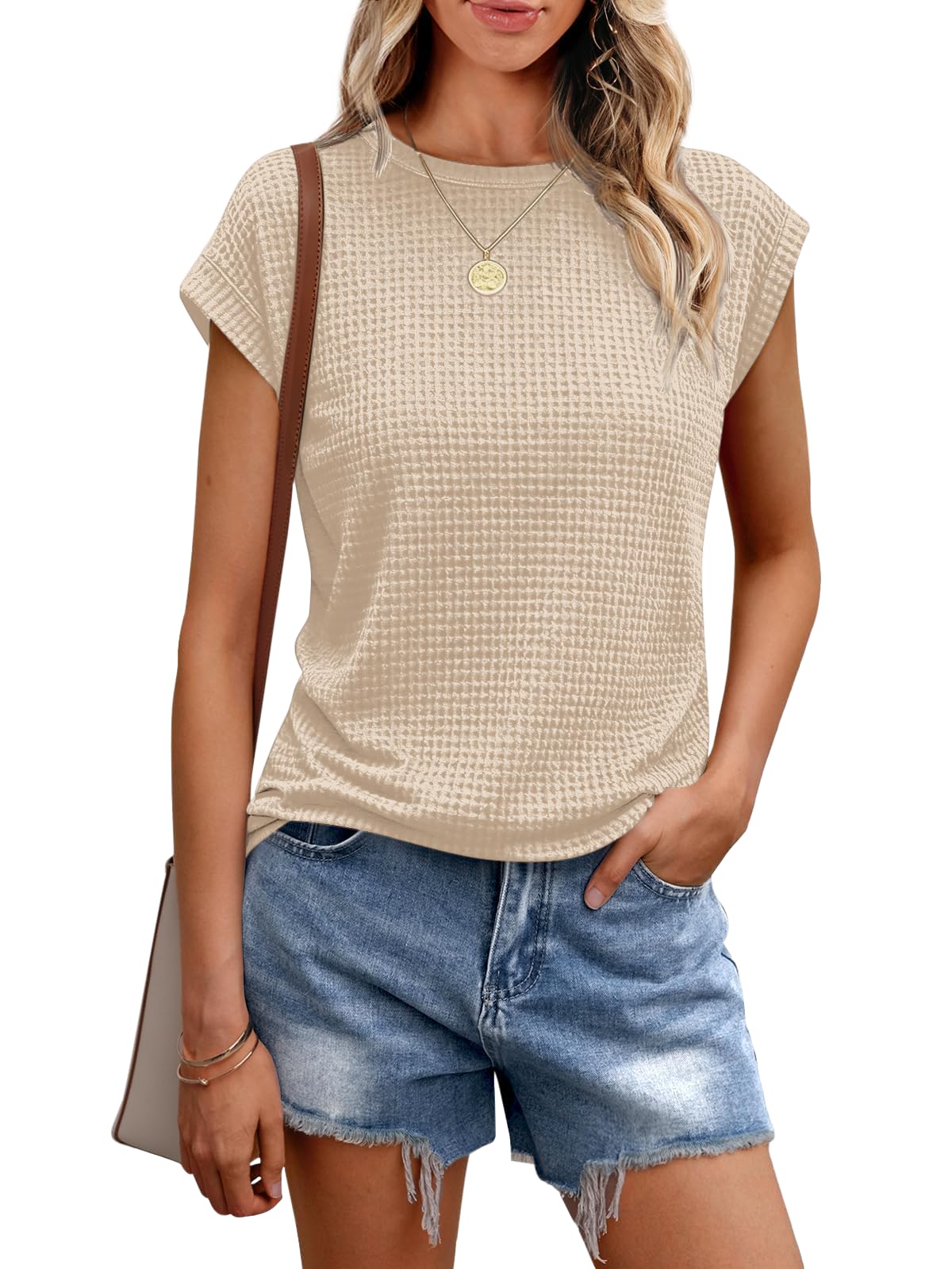 Chicrise Tshirt Damen Sommer Ärmelloses Oberteil Rundhals Locker Gestrickte Bluse Klassisches Solide Khaki 2X-Groß 50-54 2XL