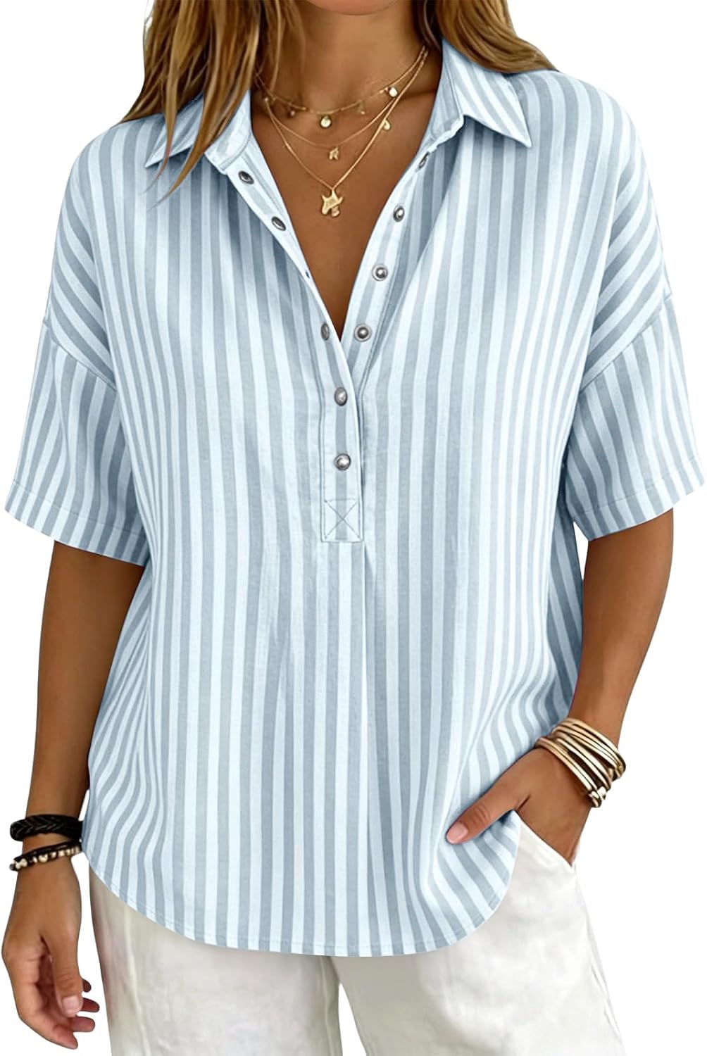 Womens Cotton Linen Striped Button Down Shirt - 2026 Summer Gauze Collared V Neck Half Sleeve Blouse Dressy Work Top