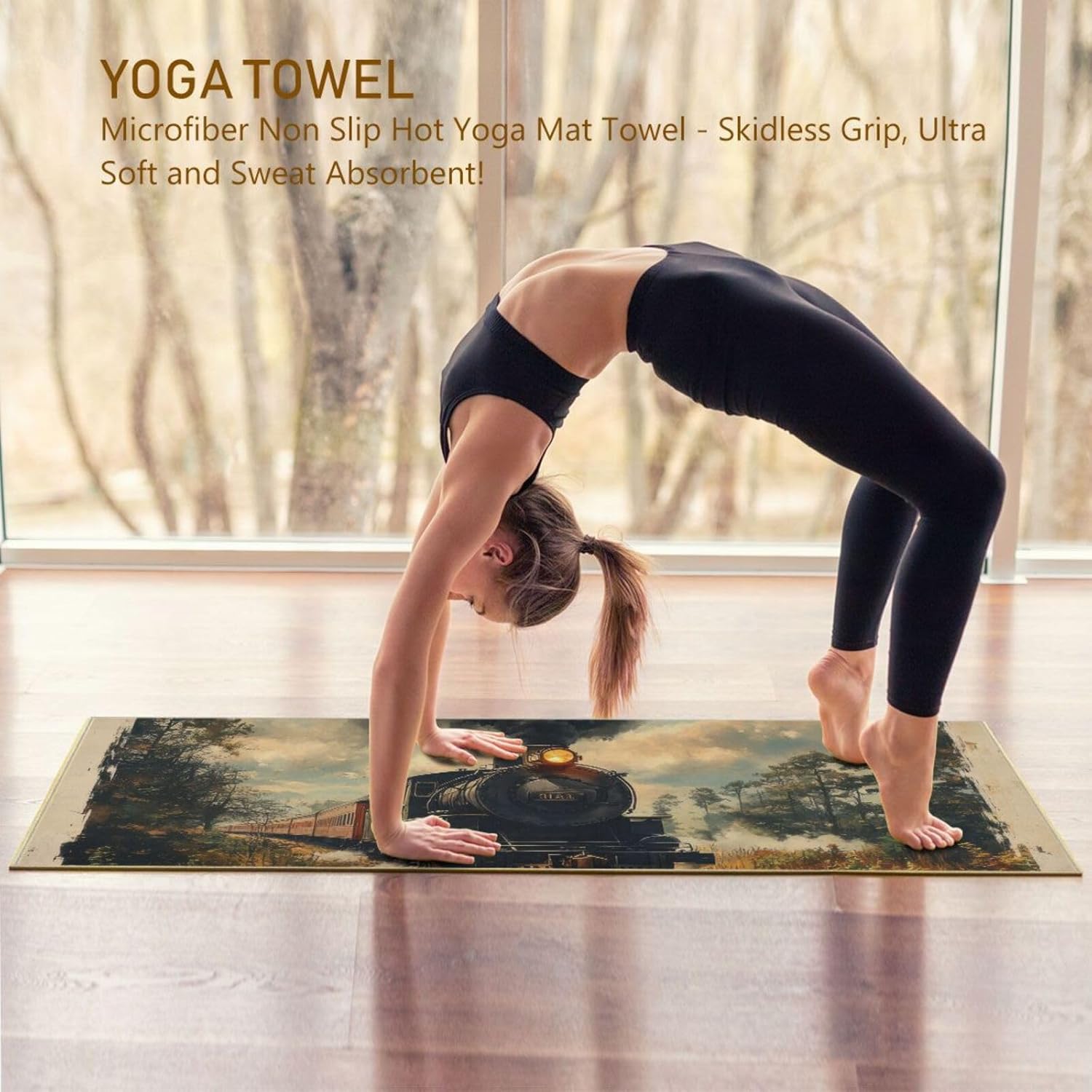 Yoga Mat Towel with Silicone Grip Dot Train Retro Forest – 73"x27" Non-Slip Sweat Absorbent Microfiber Yoga Towel for Home Gym Studio