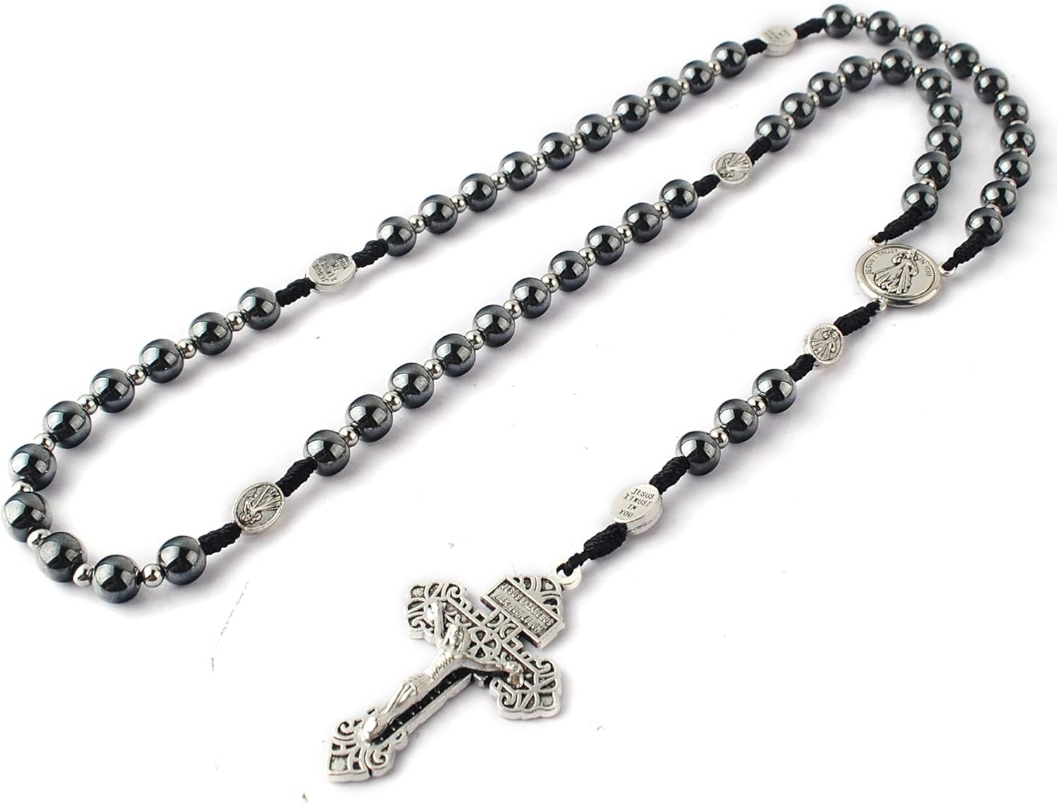 HanlinCC Hematite Rosary Necklace for Men and Women, Black Stone and Stainless Steel Beads, 48cm Length - Image 6