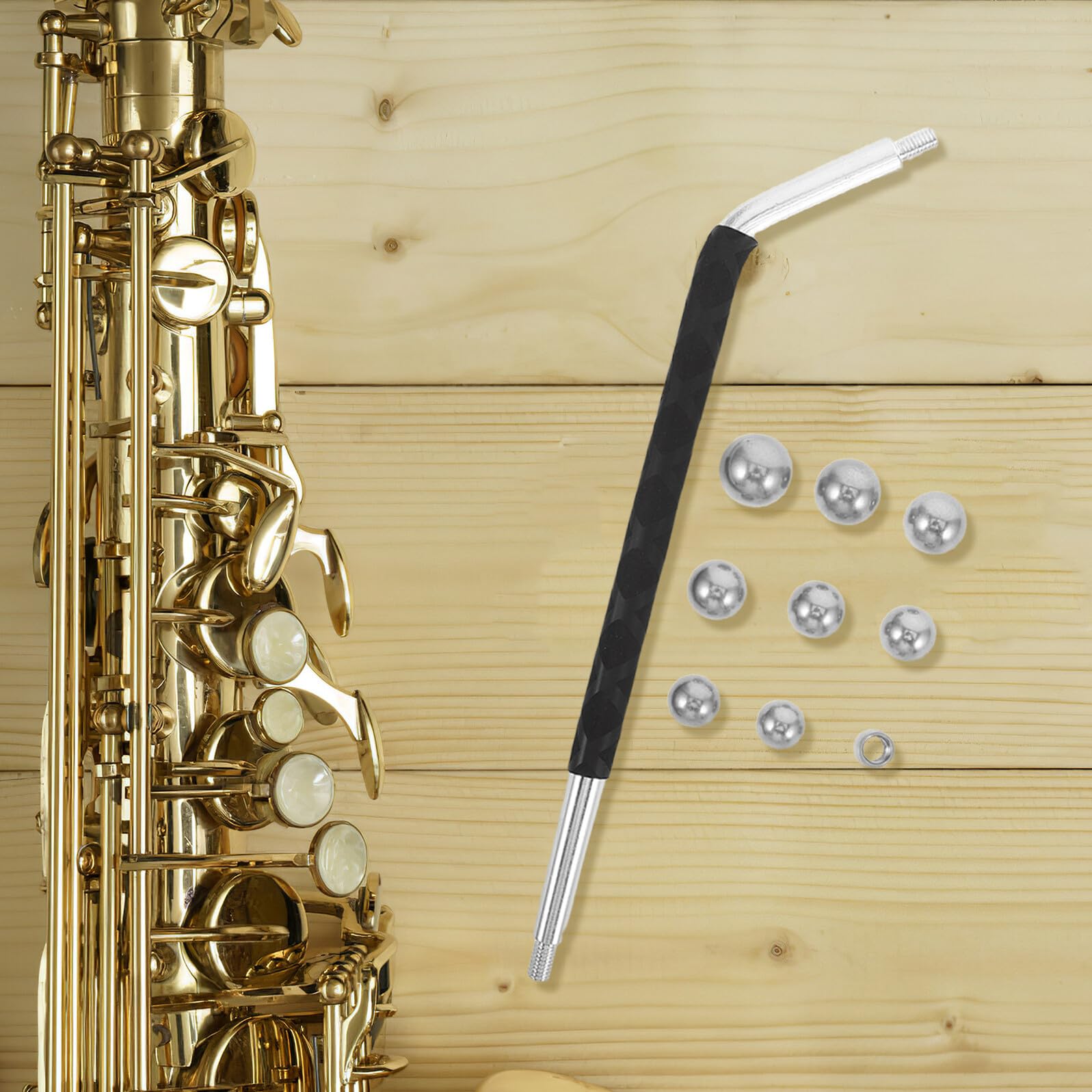 Kit de Herramientas de Reparación para Instrumentos de Viento de Madera, 8 Bolas Metálicas 1 Bola Metálica Cónica Varilla Larga, Accesorios para Mantenimiento de Saxofón y