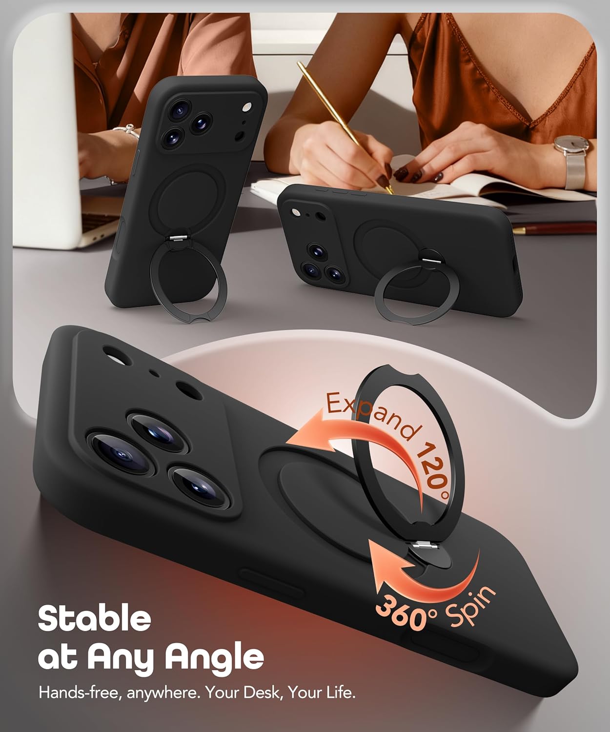 GolbinBox for iPhone 17 Pro Case with 360° Spin Magnetic Stand, [Compatible with MagSafe][Full Camera Protection], Full Body Shockproof Liquid Silicone Case with Ring Kickstand for 17 Pro 6.3'', Black - Image 4