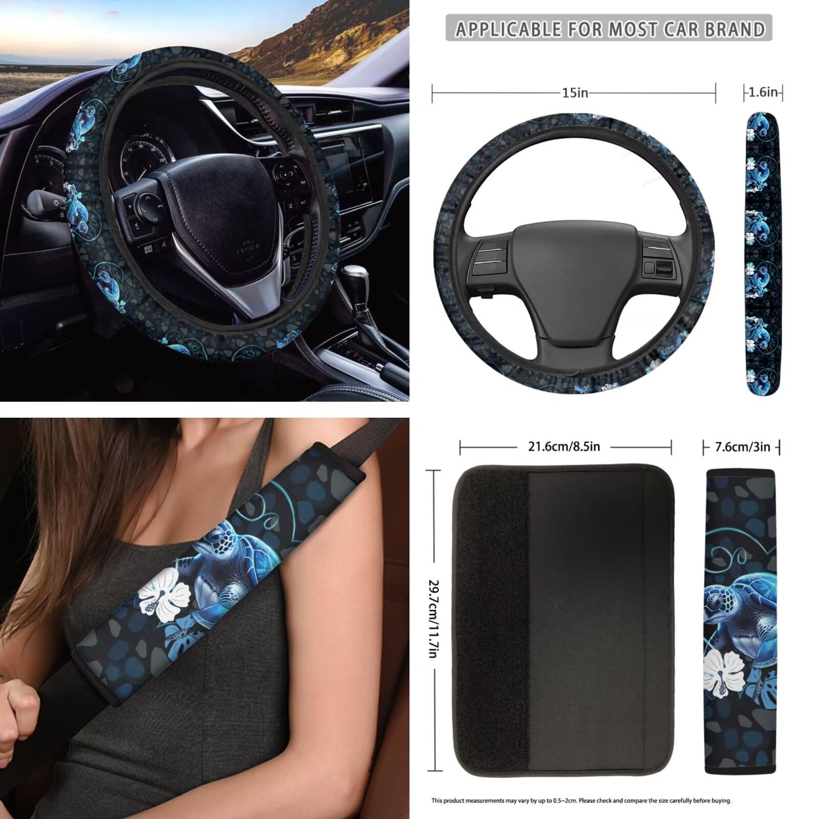Set completo di 12 coprisedili per auto, accessori per auto, motivo tartaruga marina, set completo, cuscinetti per cinture di sicurezza, coprivolante, portachiavi per veicoli, sottobicchieri