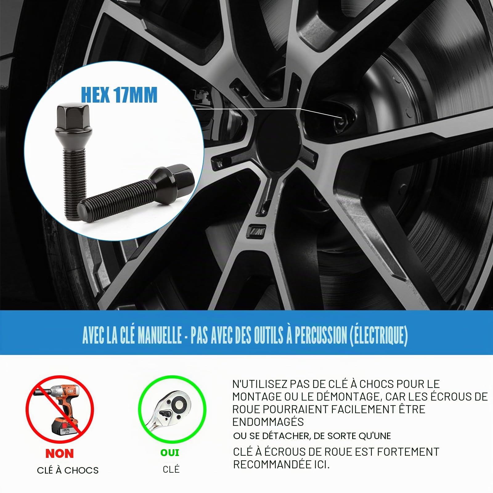 20 Boulons de Roue Filetage 45 mm Pour Élargisseurs de Voie I M14x1,5x45mm I Siège Conique CLÉ 17 mm I Compatibles avec Jantes Aftermarket pour Audi et VW