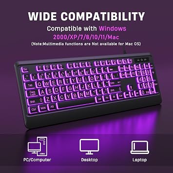 KOPJIPPOM Large Print Keyboard - 7 Interchangeable Backlight Colors, Light Up USB Wired Computer Keyboards, USB Plug-and-Play, Foldable Stands, Corded Full Size Keyboard for Windows, PC, Laptop