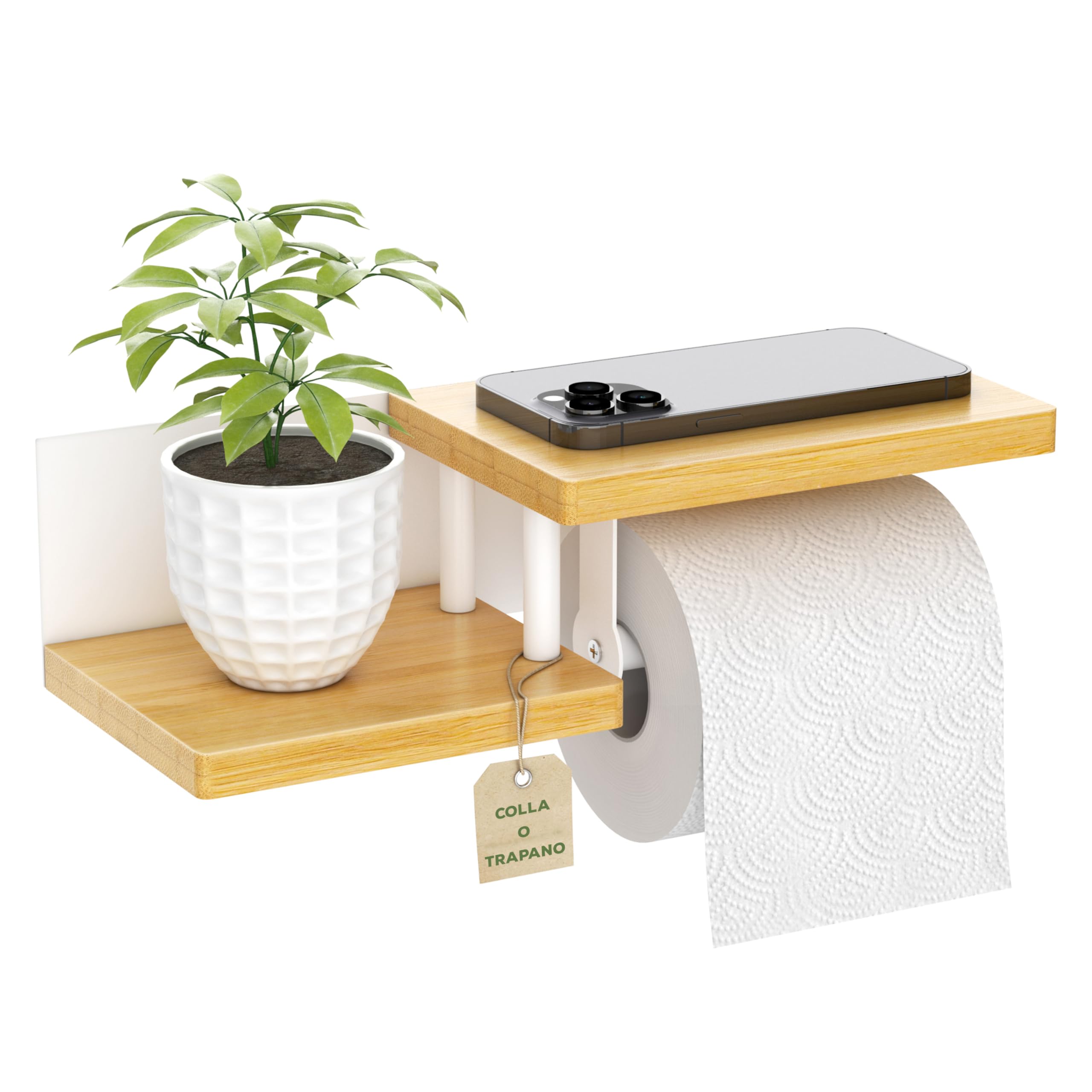 ElbFuchs® Porta carta igienica legno [ADESIVO o FORARE] Bianco | Portarotolo carta igienica adesivo con ripiano | Portacartaigienica bagno senza foratura | Porta carta igienica da muro |