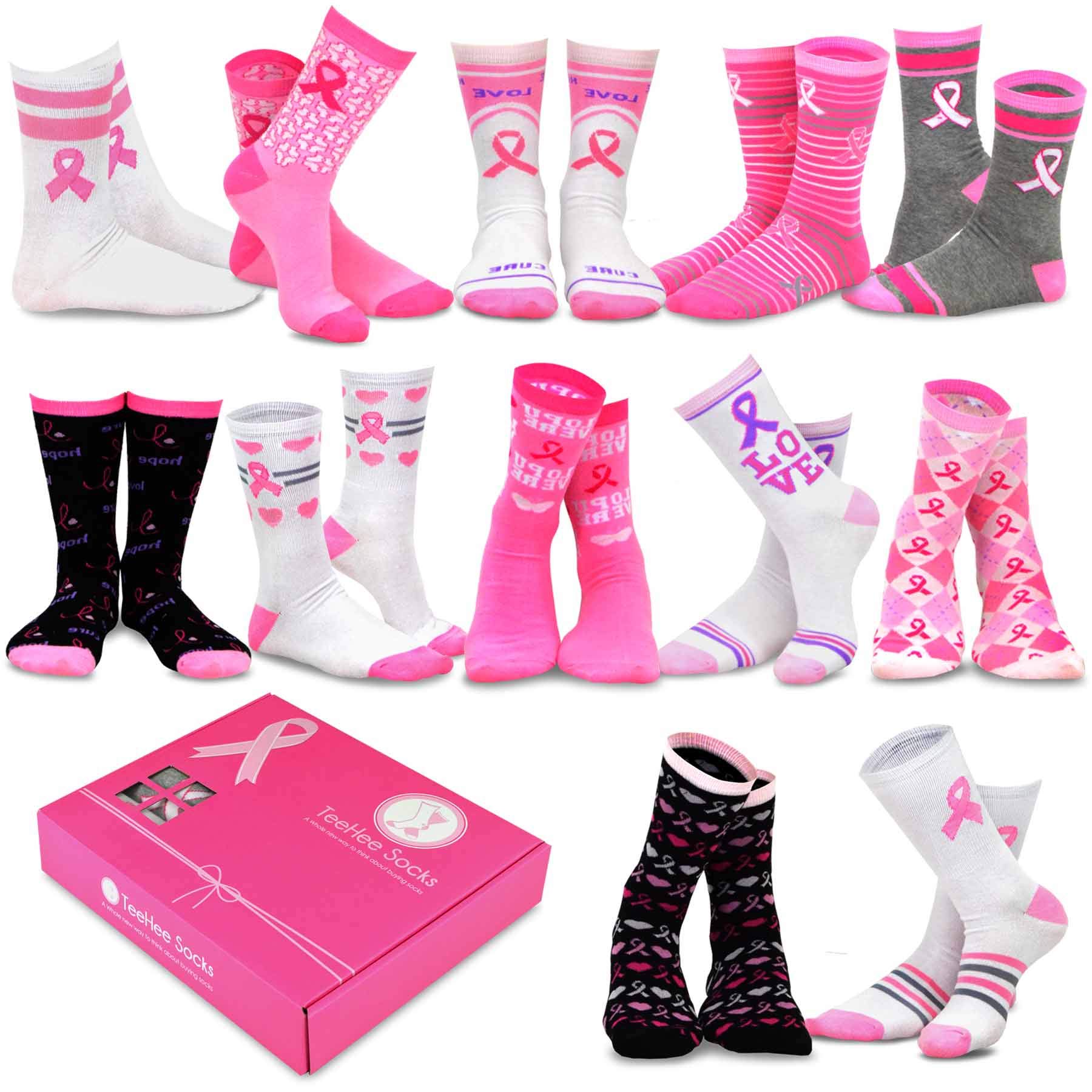 Pink Ribbon Breast Cancer Awareness Socks Knee High Crew Lowcut Women Gift for Her Cure Hope Cotton