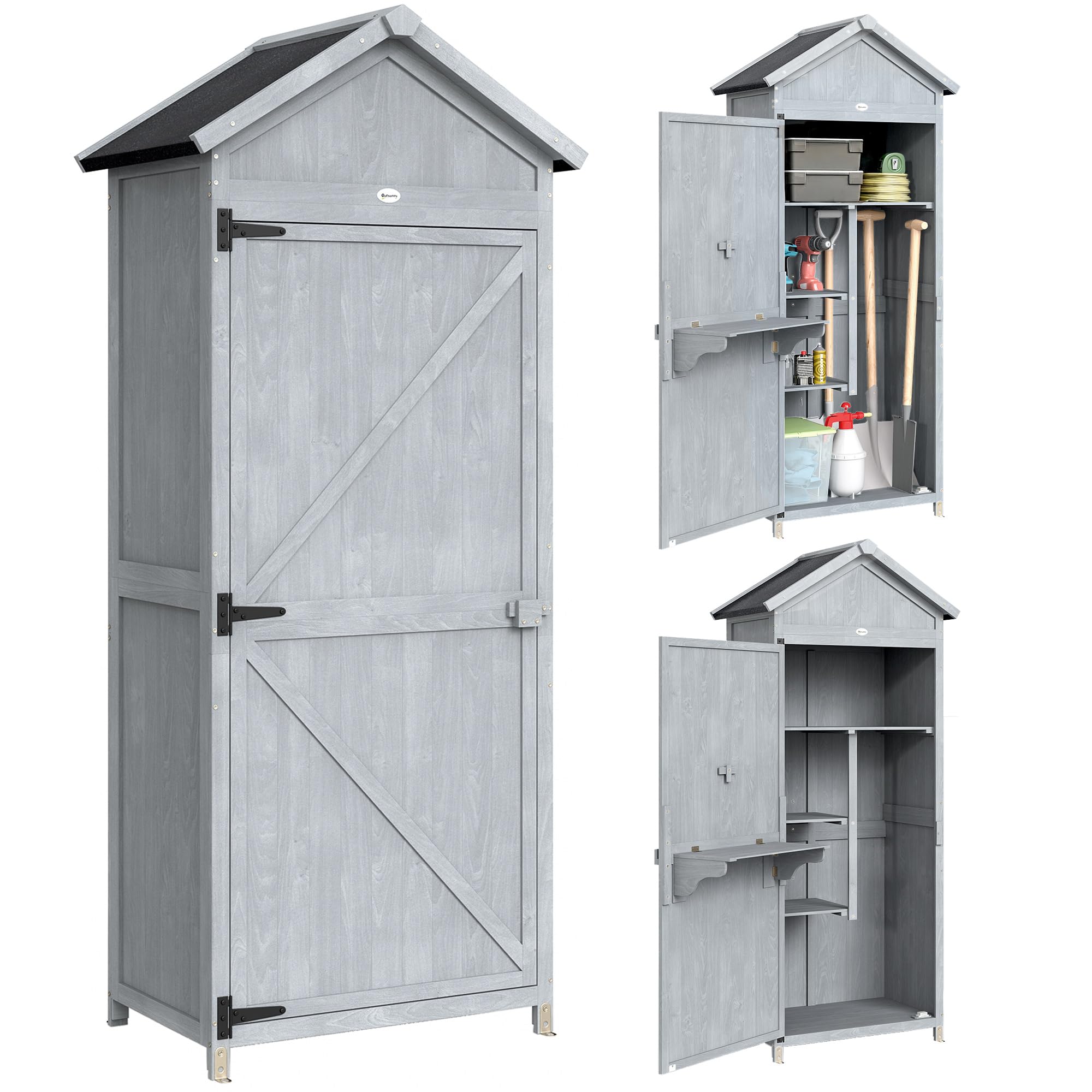 Outsunny Armadio da Giardino in Legno Abete, Casetta Attrezzi Giardino con Banco Lavoro Ribaltabile, Ripiani, Tetto Inclinato Asfalto, Capanno Porta Attrezzi per Esterno, 77x52.5x178 cm, Grigio