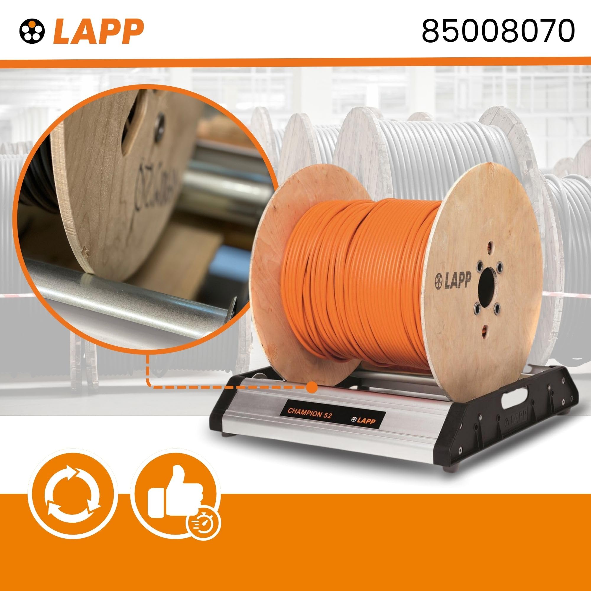 Champion 52 85008070 Lapp 1 St. (85008070) | Dévidoir en aluminium robuste pour atelier et chantier, charge 200 kg, 3 positions de réglage, pieds en caoutchouc