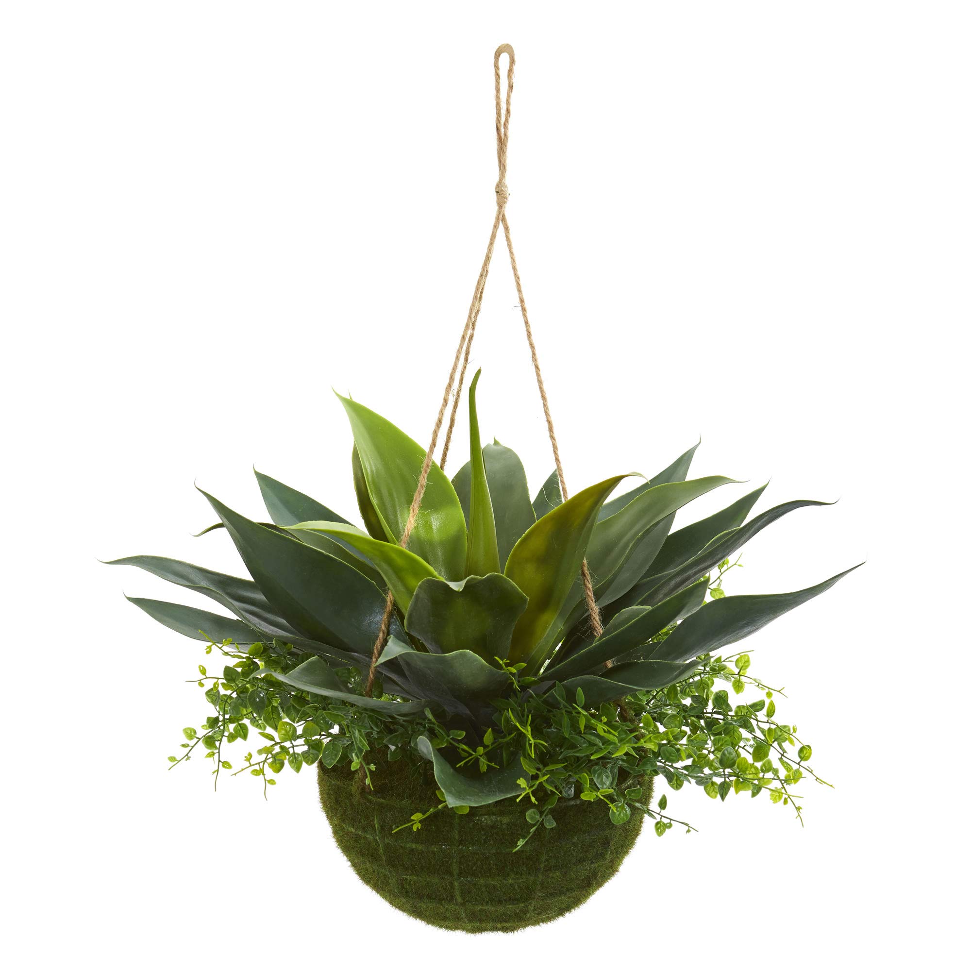Nearly Natural Agave and Maiden Hair Artificial Hanging Basket (Indoor/Outdoor) Silk Plants Green 15x15x13